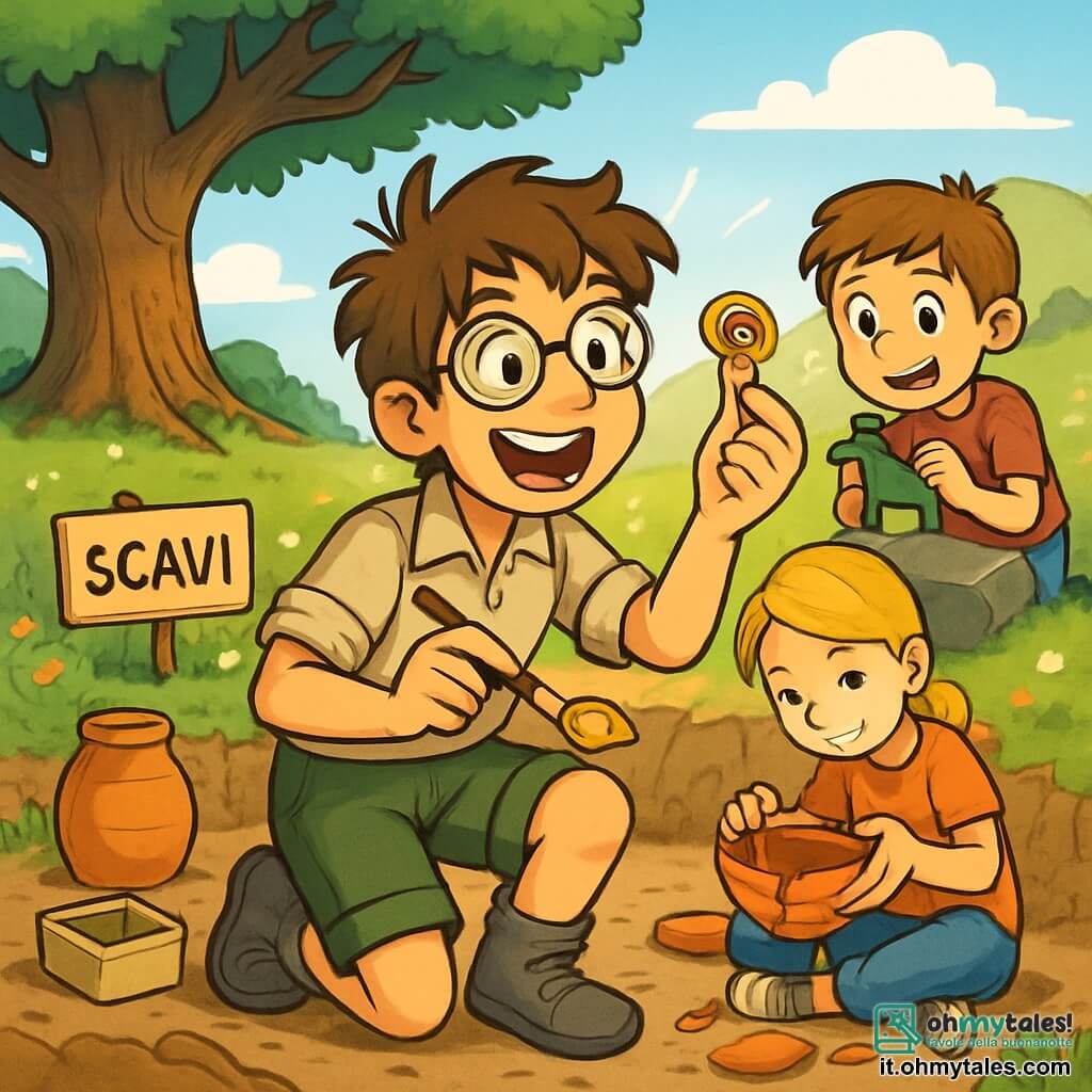 Un giovane archeologo, Luca, di circa 12 anni, con capelli castani in disordine e occhiali leggermente storti, esprime grande entusiasmo. È accovacciato, tiene un piccolo pennello in una mano e una fibula celtica brillante nell'altra, con il viso illuminato dalla scoperta. Accanto a lui, Emma, una ragazza di 11 anni con capelli biondi intrecciati e un sorriso caloroso, assembla delicatamente una ciotola di terracotta, concentrata sul suo lavoro. Tommaso, un ragazzo di 10 anni con capelli castani e occhi scintillanti, osserva con meraviglia una statuetta di bronzo a forma di cavallo, piegato su una pietra. Il luogo è una collina verde della Lombardia, punteggiata di fiori selvatici, con una grande quercia maestosa sullo sfondo, sotto la quale si trovano degli scavi archeologici. La scena si svolge all'aperto, dove la luce del sole illumina il sito di scavo, rivelando tracce di terra e oggetti antichi. Luca scopre una fibula celtica, circondato dai suoi amici, tutti meravigliati dai tesori del passato che stanno riportando alla luce, simboleggiando l'emozione dell'esplorazione archeologica.