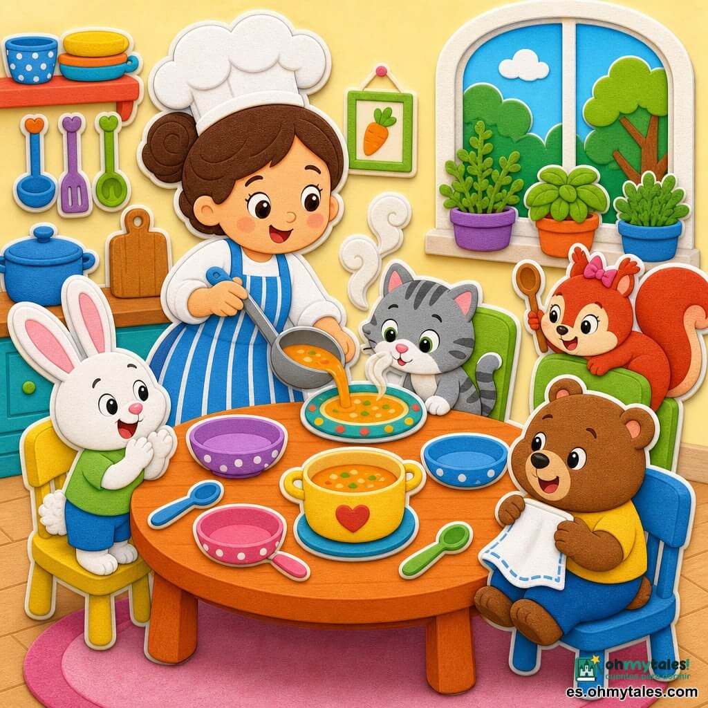Clara, chef sonriente de rostro redondo y cabello recogido en moño, viste un gran delantal a rayas azul y blanco y un gorro blanco mientras vierte una gran cuchara de sopa humeante en un plato colorido; Pepino, pequeño gato atigrado gris y blanco de ojos verdes, está en una silla olfateando la sopa; Rizo, conejito blanco de largas orejas rosas (niño), de pie a la izquierda aplaude alegre; Chispa, ardilla rojiza de vientre beige (niña), se agarra al respaldo de una silla a la derecha con una cucharita de madera; Beto, oso pardo y regordete (niño), está sentado frente a Clara sonriendo con una servilleta en el regazo; cocina cálida y colorida con paredes amarillo pálido, mesa de madera naranja, vajilla multicolor y macetas verdes en el alféizar, luz suave del sol y árboles fuera; escena acogedora de compartir alrededor de una gran mesa, formas simples, colores vivos y contornos gruesos estilo pegatinas/foam EVA.
