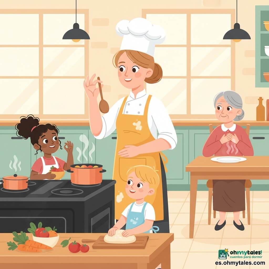 Jefa de cocina sonriente y de mirada benevolente, pelo castaño claro recogido en moño, toca blanca y delantal mostaza con harina, sostiene una gran cuchara de madera haciendo la "mano en garra" sobre una cacerola humeante; a su lado izquierdo una niña de unos 8 años, rizada en coleta, imita la "mano en garra" y sostiene un pequeño cuenco de verduras; delante, un niño de unos 6 años de cabello rubio amasa una bola de masa sobre la mesa con un delantal azul claro, mirándola con admiración; a la derecha, una anciana de unos 75 años con cabello gris en moño bajo, sentada en el comedor, sonríe al sentir el vapor con una mano en el corazón y un plato frente a ella; cocina cálida y luminosa con azulejos crema, grandes ventanas que dejan entrar luz dorada, armarios menta, fogón negro con cacerolas de cobre y mesa de madera clara con ingredientes coloridos; escena centrada y acogedora, niños ayudando a preparar un guiso de verduras, vapor suave y risas.