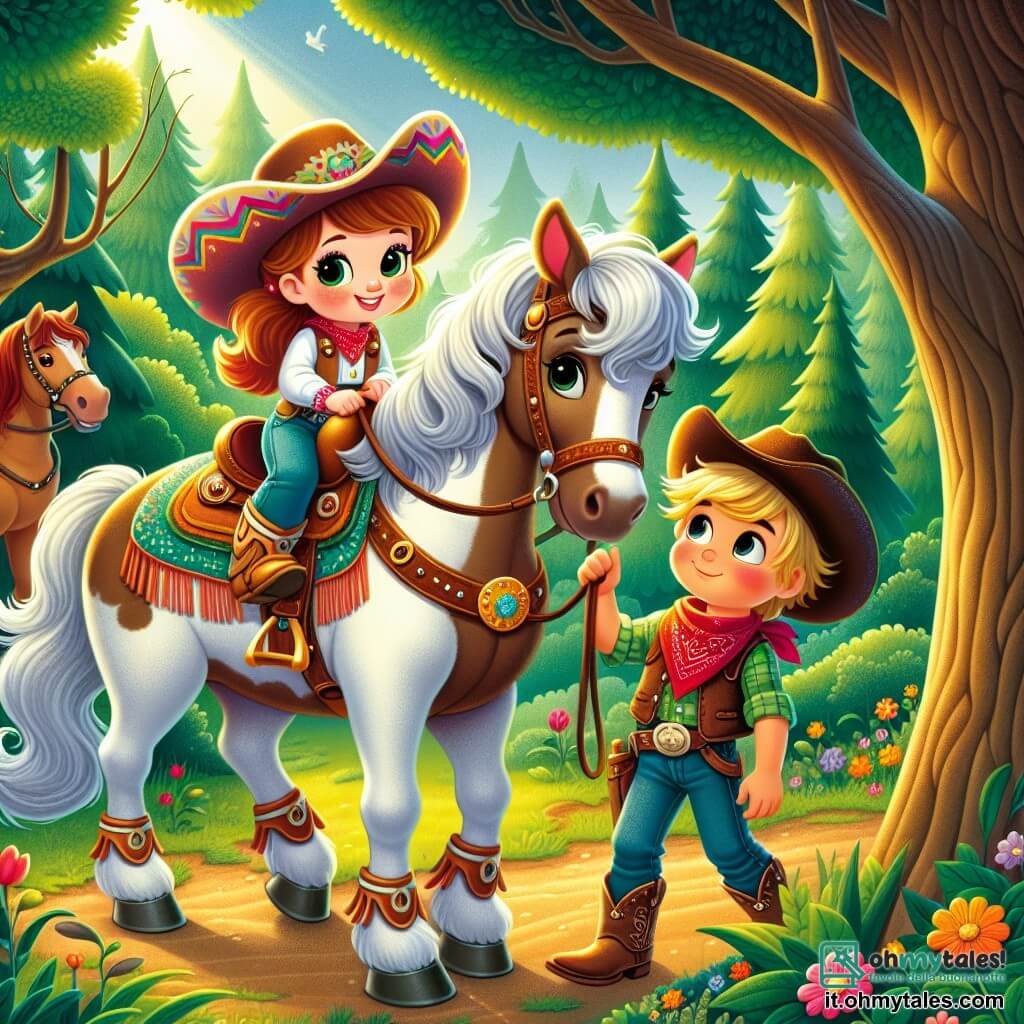 Una cowgirl sorridente, Stella, è in piedi sulla sua giumenta Lilla, una bella cavalla bianca con una criniera ondulata. Stella indossa un grande cappello da cowboy colorato, un gilet di pelle marrone e stivali di pelle decorati. Ha occhi brillanti di determinazione e un grande sorriso, pronta per l'avventura. Accanto a lei, un ragazzo di 8 anni, Tom, con capelli biondi arruffati e un bandana rosso attorno al collo, tiene la longe di un altro cavallo. La scena si svolge in una foresta verdeggiante, con grandi alberi e raggi di sole che filtrano tra le foglie. Stella e Tom si preparano a percorrere un sentiero tortuoso circondato da suoni di uccelli e foglie fruscianti, pronti a partire per un'avventura alla ricerca di un nuovo posto dove accamparsi per la notte.