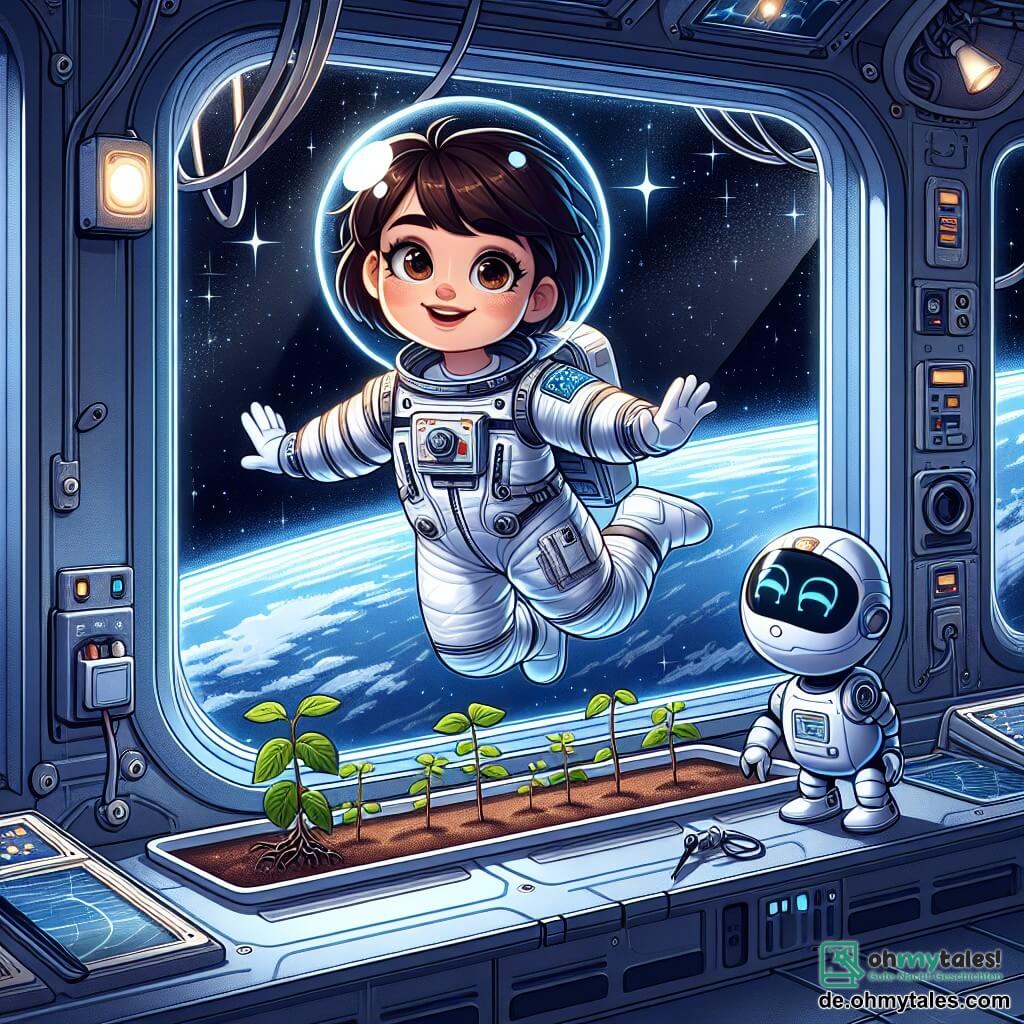 Im Zentrum des Bildes schwebt Lena, eine Astronautin mit kurzen, braunen Haaren, in einem glänzenden weißen Raumanzug. Ihr Gesicht strahlt Freude und Staunen aus, während sie schwerelos mit offenen Armen umgeben von kleinen Pflanzen ist, die in transparenten Röhren wachsen. Neben ihr arbeitet ein kleiner Roboter namens Robi, der einen silbernen Metallkörper und leuchtende Augen hat, konzentriert an einem Solarpanel. Im Hintergrund bietet das große Fenster der Raumstation einen spektakulären Blick auf die Erde mit blauen Ozeanen und weißen Wolken, die wie Watte erscheinen. Die Sterne funkeln im tiefen Schwarz des Weltraums und schaffen eine magische Atmosphäre. Die Hauptsituation zeigt Lena, die die Wunder des Lebens in der Schwerelosigkeit entdeckt, während Robi an ihrer Seite arbeitet, was die Harmonie zwischen Natur und Technologie im Universum verdeutlicht.