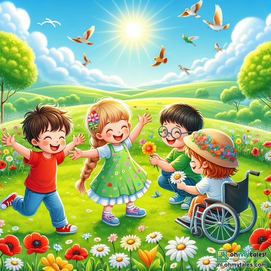 In een groene veld spelen vier kinderen samen. Max, een 7-jarig jongetje met rommelig bruin haar en een rode t-shirt, danst vrolijk in het midden met zijn armen omhoog. Lina, een 6-jarig meisje met lange gevlochten blonde haren en een gele jurk, glimlacht terwijl ze een kleurrijke bloem vasthoudt. Tom, een 8-jarige jongen met een bril en kastanjebruin haar, hurkt naast hen en telt de vogels die boven hen vliegen. Hana, een 7-jarig meisje in een rolstoel, draagt een mooie bloemenhoed en kijkt naar een mooie vlinder die om hen heen fladdert. De plek is een bloemenveld vol met rode klaprozen, witte madeliefjes en gele narcissen, onder een stralende blauwe lucht. Groene bomen omringen het veld en je kunt vogels horen zingen op de takken. De kinderen ontdekken de schoonheid van de lente, tellen de vogels en bewonderen de bloemen, terwijl ze samen lachen en glimlachen, en zo vrolijke herinneringen creëren.