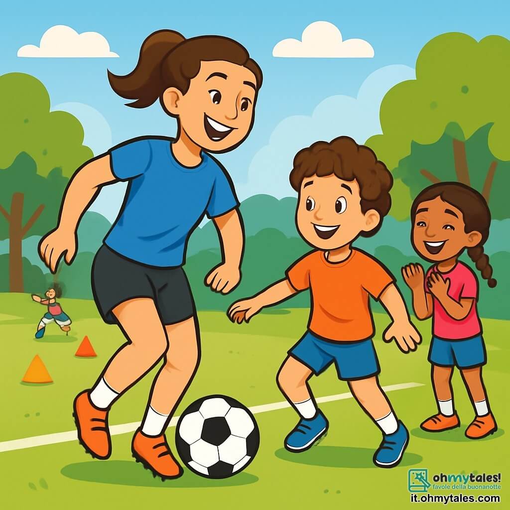 Giulia, una donna atletica con capelli castani legati in coda di cavallo, indossa una maglietta blu e pantaloni corti neri. Il suo viso irradia gioia ed entusiasmo mentre dribbla un pallone da calcio su un campo verde. Marco, un ragazzo di 10 anni con capelli ricci e un sorriso splendente, cerca di imitare i suoi movimenti, con le braccia aperte e un'espressione concentrata. Sofia, una ragazza di 9 anni con trecce e una maglietta rosa, applaude con entusiasmo mentre si trova vicino alla linea di fondo, pronta a entrare in gioco. Il luogo è un parco soleggiato, con alberi verdi sullo sfondo e un cielo blu punteggiato di nuvole bianche. Il campo da calcio è delimitato da coni colorati, e i bambini giocano felicemente intorno. La scena principale mostra Giulia che gioca con i bambini, ridendo e incoraggiandoli a superarsi, creando un'atmosfera di cameratismo e passione per il calcio.