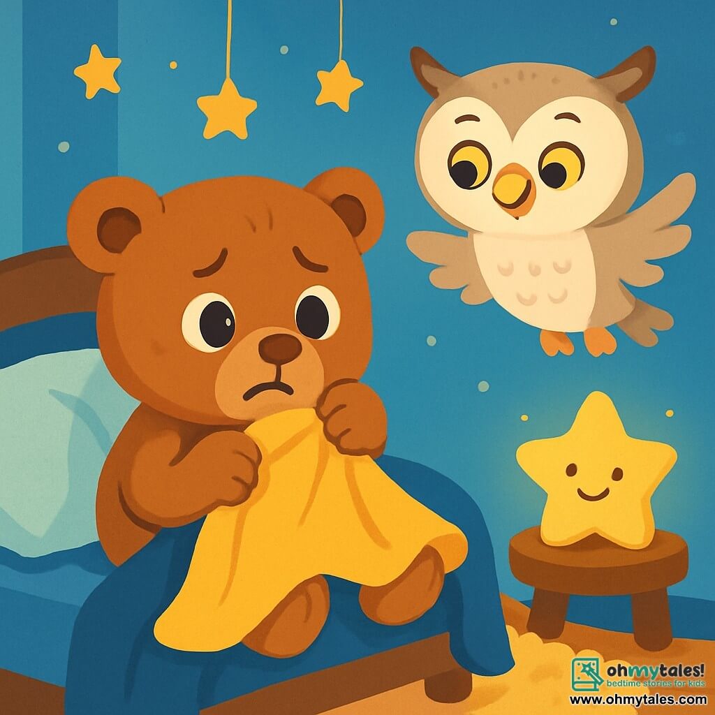 A small teddy bear, with soft brown fur and round, shiny eyes, is sitting on a cozy bed. It has a fearful expression on its face, with furrowed brows and slightly lowered ears, holding tightly to a fluffy blanket. Next to it, a wise owl, with large white feathers and golden eyes, is gently smiling while floating in the air, creating a reassuring atmosphere. The setting is a warm room, with light blue walls, sparkling golden stars hanging from the ceiling, and a soft glow emanating from a star-shaped nightlight. A plush rug on the floor adds a touch of comfort. The main scene shows the little bear getting ready to sleep, surrounded by its friends, while the owl softly speaks to reassure it in the darkness.