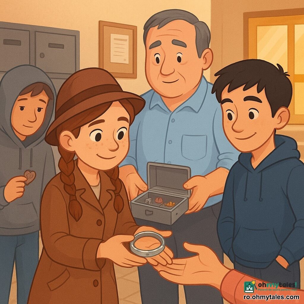 Fată de 12 ani detectivă entuziastă, față rotundă cu pistrui, părul șaten în două cozi, ochi vioi, ținând delicat o brățară argintie, băiat de 13 ani (Darius) cu aer ștrengăresc, scurt părul negru, lângă ea zâmbind, domnul Banu, administrator de ~50 de ani, rotund, păr grizonant, cămașă suflecată, ținând un sertăraș metalic deschis cu șuruburi, bomboane și locul gol al brățării, curier tânăr de 20 de ani cu glugă gri, timid, ținând o pandantiv în formă de inimă, toți în holul unui bloc cu pardoseală deschisă, cutii poștale metalice și trepte în fundal, scenă caldă și emoționantă în care fetița returnează brățara unei doamne recunoscătoare, sertărașul dezordonat și un șnur roșu cu buline aproape, lumini blânde și compoziție concentrată pe mâini și priviri.