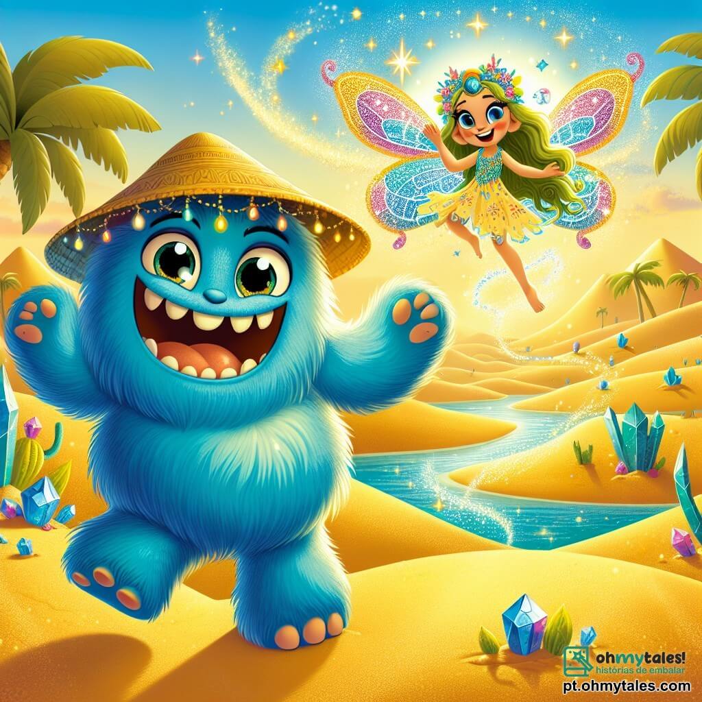 No centro da imagem, um monstro gentil chamado Zé, com pelagem azul brilhante, olhos redondos como bolinhas e um largo sorriso, dança alegremente na areia dourada do deserto. Ele tem uma expressão cheia de alegria e excitação, enquanto segura um chapéu de palha na cabeça. Ao lado dele, Lila, uma pequena fada com asas cintilantes de cores vivas, voa pelo ar, sorrindo e lançando faíscas mágicas ao redor. O cenário se passa no deserto mágico de Arealuz, onde dunas de areia dourada se estendem até onde a vista alcança, salpicadas de palmeiras verdes e cristais brilhantes que cintilam sob o sol. Ao fundo, uma oásis resplandecente com água cristalina e frutas coloridas se destaca, iluminada pela luz do sol poente. A cena principal mostra Zé e Lila celebrando sua chegada à Oásis Dourada, cercados de risos e magia, enquanto se preparam para compartilhar frutas deliciosas e aproveitar sua amizade neste lugar encantador.
