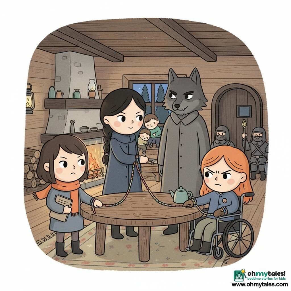 Three girls, about 12: Mara (short dark brown hair, orange scarf, kraft notebook under her arm) stands left by the table, determined, holding the rope linking the three; Junie (tall, black hair in a braid, dark blue coat) stands center by the window protecting her mother and little brother, brave, looking toward the door; Nell (redhead, playful, in a visible wheelchair, mitten with a missing button) sits right of the table, brows furrowed but resolute, also holding the rope. Secondary details: a traveler/wolf silhouette in a long gray coat subtly forming a wolf profile near the fireplace, with a chilling smile and sharp eyes; two burly guards with lanterns and staves by the entrance; Junie’s mother and little brother huddled by the bright window. Setting: small wooden cottage interior, warm but tense—dark beams, round rough wooden table, worn rug, glowing fireplace to the right, a window showing bluish night, oil lamps, teapots and scattered kitchenware. Main situation: tense confrontation—three girls tied by a colored rope around their wrists fastened to a table leg, facing the traveler-wolf under warm lantern light; expressions mix fear and determination, with strong contrast between the warm interior light and the cold forest shadow outside.