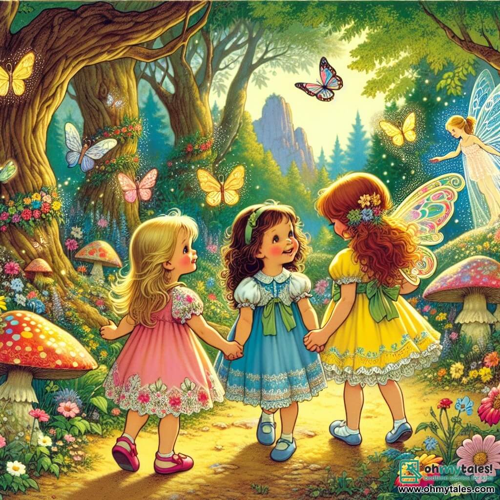 In an enchanted clearing, three little girls hold hands. Lily, a 7-year-old with long blonde hair and a pink dress, smiles in wonder as she watches the fairies. To her left, Mia, a 6-year-old with curly brown hair in a blue dress, has sparkling curious eyes. On her right, Zoe, a 7-year-old with red hair in a yellow dress, joyfully dances with her arms raised to the sky. The clearing is filled with vibrant flowers, shimmering butterflies flutter around them, and majestic trees with gnarled trunks create a magical atmosphere. In the center, a circle of mushrooms serves as a stage for the dancing fairies, their translucent wings shining in the sunlight. The girls marvel at the fairies dancing around them, ready to share their magic and friendship in this fairyland.