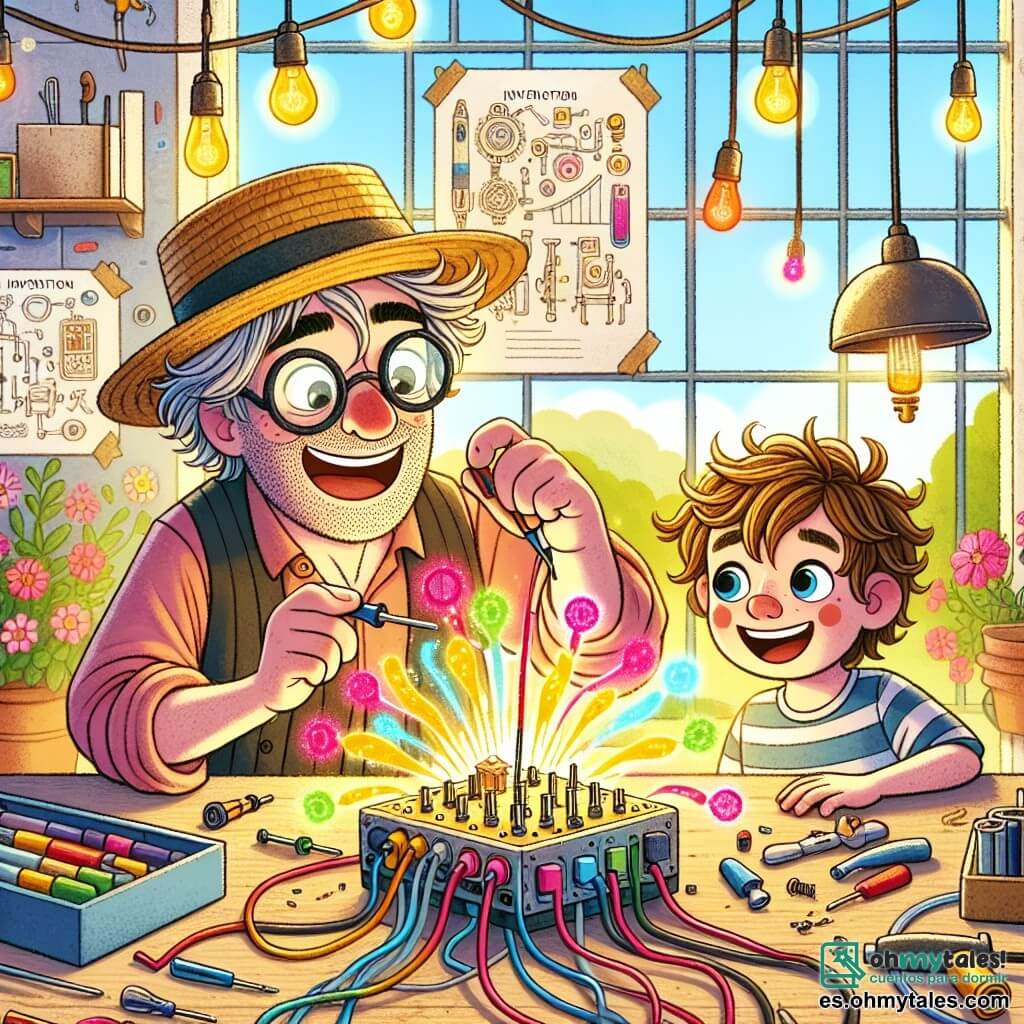 Un hombre, Don Paco, está en el centro de la imagen, sonriendo ampliamente. Lleva un sombrero de paja y gafas redondas, y su cabello desordenado refleja su espíritu creativo. Está inclinado sobre una máquina colorida, rodeada de piezas brillantes, conectando un cable con entusiasmo. Junto a él, un niño llamado Tomás, de unos 8 años, observa con ojos muy abiertos. Tiene el cabello castaño desordenado y lleva una camiseta a rayas. Tomás sostiene un pequeño destornillador y parece muy concentrado en ayudar a Don Paco. La escena tiene lugar en un taller luminoso, lleno de herramientas colgadas en la pared, planos de invención y ventanas que dejan entrar la luz del sol. Fuera, crecen flores coloridas, añadiendo un toque de naturaleza al entorno creativo. La situación principal muestra a Don Paco y Tomás, emocionados, mientras la máquina mágica comienza a emitir colores vivos y una suave melodía, llenando el taller de una atmósfera alegre e imaginativa.