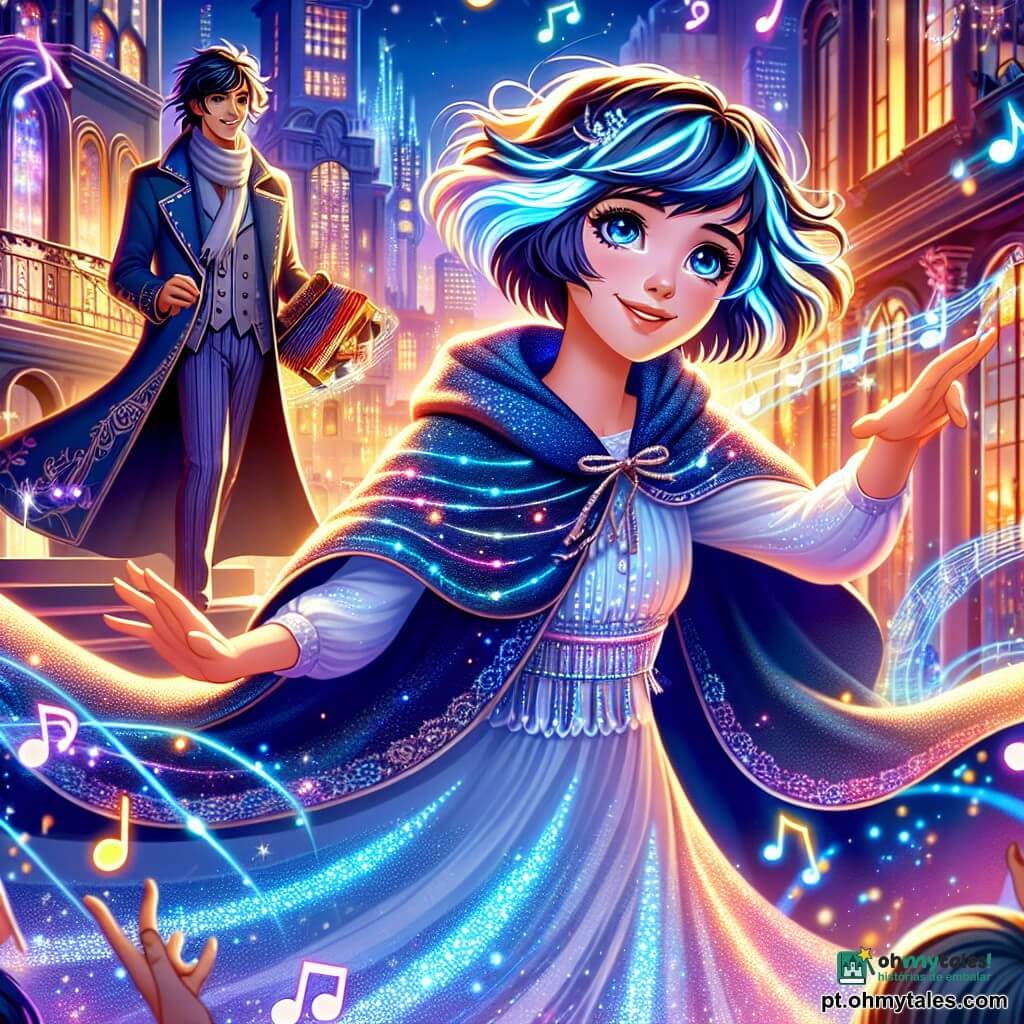 Aurora Vórtice, uma jovem de cabelos curtos e mechas azuis brilhantes, flutua no ar com um sorriso determinado e olhos brilhantes de excitação. Ela usa uma capa ondulante que brilha como ondas ao sol, e seu traje é adornado com pequenas luzes que pulsão suavemente. Ao seu lado, Corta-Festa, um homem de cerca de trinta anos com um rosto amigável, mas um olhar hesitante, está em um alto edifício. Ele veste um longo casaco escuro com bolsos cheios de ferramentas misteriosas, observando Aurora com curiosidade, pronto para ouvir sua proposta. O cenário é uma cidade futurista, onde os edifícios de fachadas coloridas vibram com música e luzes dançam no céu crepuscular. A cena principal mostra Aurora estendendo a mão para Corta-Festa, convidando-o a se juntar à festa que renasce, enquanto crianças riem e aplaudem embaixo, ansiosas para celebrar juntas.