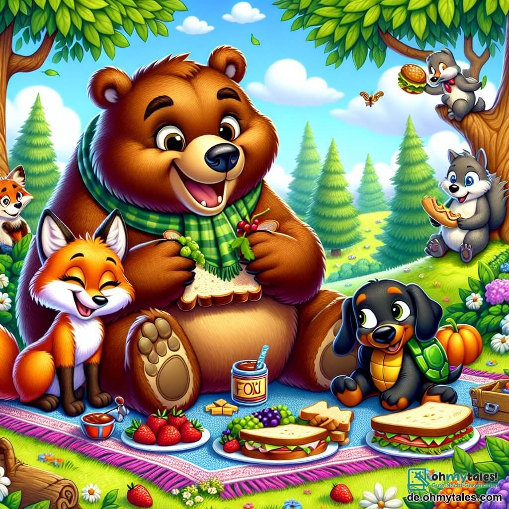 Ein großer brauner Bär namens Bruno, mit einem fröhlichen Lächeln und funkelnden Augen, sitzt auf einer bunten Decke, umgeben von köstlichen Leckereien für ein Picknick. Neben ihm lacht ein kleiner schelmischer Fuchs namens Fini, mit leuchtend orangefarbenem Fell und einem buschigen Schwanz, während er eine Beere in seiner Pfote hält. Ein schlauer Dachs namens Dieter, mit schwarz-braunem Fell, beobachtet die Szene mit einem schelmischen Lächeln und hält ein Sandwich in seinen Pfoten. Schließlich versteckt sich eine schüchterne Schildkröte namens Susi, mit einem grünen Panzer und neugierigen Augen, hinter einem großen Blatt, lächelt aber, während sie ihre Freunde beobachtet. Der Ort ist eine schöne sonnige Lichtung, umgeben von majestätischen Bäumen mit leuchtend grünen Blättern und bunten Blumen, die im Wind tanzen. In der Mitte der Szene genießen die Freunde einen Moment der Freude und des Lachens, während sie ihr Picknick teilen und ihre Freundschaft feiern.