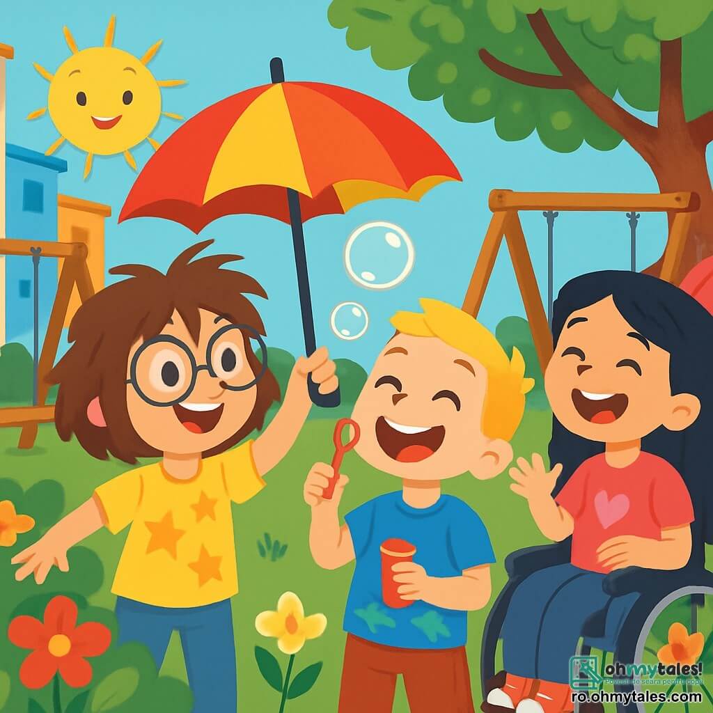 Există 3 personaje: Mara, o fetiță de 8 ani cu părul castaniu și ochelari mari rotunzi, îmbrăcată într-un tricou galben cu stele și ținând o umbrelă; Ruxi, un băiat de 7 ani cu părul blond și un zâmbet larg, îmbrăcat într-un tricou albastru cu dinozauri, care face bule de săpun; Lia, o fetiță de 9 ani cu părul lung și negru, într-un scaun cu rotile decorat cu autocolante cu pisici, îmbrăcată într-un tricou roz cu inimi, care râde uitându-se la prietenii ei. Cei trei se află într-o curte colorată, înconjurați de flori și jocuri din lemn, cu leagăne, un tobogan roșu și un copac mare cu frunze verzi. Copiii reflectează împreună, zâmbind viclean, la idei pentru a crea tricotaje amuzante pentru concurs. Mara ridică umbrelă, Ruxi râde făcând bule de săpun, iar Lia îi încurajează cu gesturi entuziaste, toți fiind într-o atmosferă veselă și creativă.