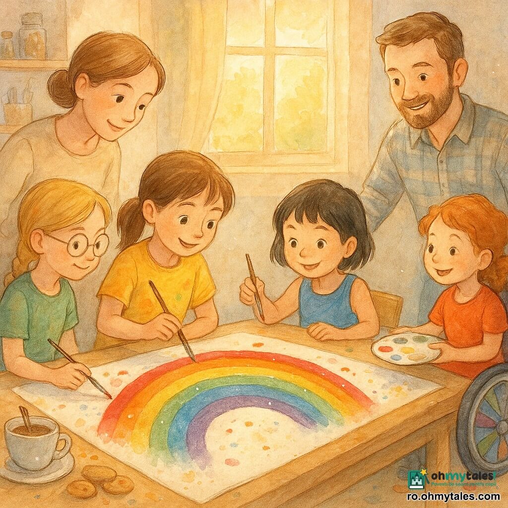 Sunt șase persoane: patru fete — una ~7 ani, părul brun prins în coză, tricou galben pătat cu vopsea, așezată la centru pictând jumătatea unui curcubeu pe o foaie mare; a doua ~8 ani, păr blond într-o împletitură, rochie verde, ochelari rotunzi, stânga ei, folosește un pensulă subțire pentru umbre; a treia ~6 ani, păr negru scurt, maiou albastru, zâmbet jucăuș, dreapta primei, adaugă litere zâmbitoare; a patra ~7 ani, păr roșcat creț, în scaun cu rotile colorat, în spate dreapta, întinde o paletă; o femeie adultă (~35 ani), mamă, păr șaten des prins, pulover bej, stă în picioare stânga, sprijină foaia și încurajează; un bărbat adult (~37 ani), tată, barbă scurtă, cămașă în carouri, mâini ușor vopsite, stă în spate dreapta, zâmbește și ține un borcan cu apă. Loc: bucătărie-atelier luminoasă cu masă mare din lemn deschis, ferestre cu lumină aurie, rafturi cu borcane de pensule și acuarele, o ceașcă de ceai aburind și câteva biscuiți, podea cu pete colorate de vopsea. Situație: scenă familială caldă în care părinții și cele patru fete pictează împreună un tablou comun cu patru curcubeie care se întâlnesc în centru; atmosferă blândă, gesturi de colaborare, stropi vii de vopsea (roșu, portocaliu, galben, verde, albastru, violet) și accente albe cu pix gel pentru luminozitate.