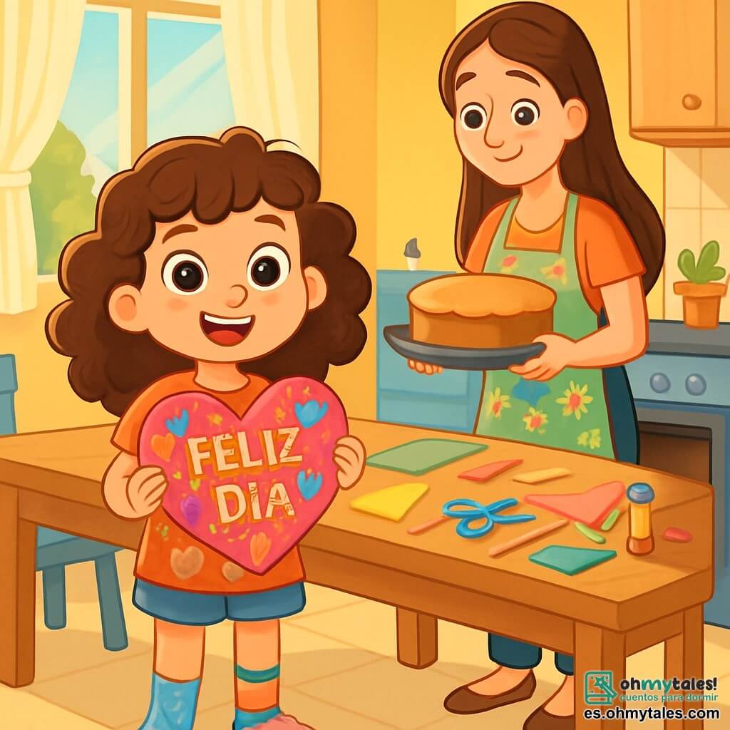 Una niña de 6 años, Maya, con cabello rizado y castaño, y grandes ojos brillantes de alegría, está de pie en una cocina luminosa. Lleva una camiseta con motivos de gatos y calcetines desparejados. Maya sonríe emocionada, sosteniendo un gran corazón de papel colorido decorado con brillos y palabras dulces. A su lado, su mamá, una mujer de unos 30 años con cabello largo y liso, lleva un delantal floral y tiene una mirada emocionada. Se encuentra cerca del horno, sosteniendo un pastel dorado, con el rostro radiante de felicidad. La cocina es espaciosa, con paredes amarillas soleadas, una gran mesa de madera en el centro cubierta de papel de colores, tijeras y pegamento, y rayos de sol que entran por una ventana con cortinas ligeras. Maya y su mamá están preparando una sorpresa para el Día de la Madre, rodeadas del aroma dulce del pastel recién horneado, creando una atmósfera cálida y alegre.