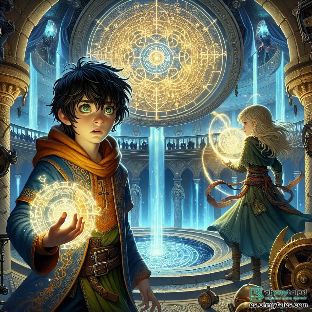 Un niño de 11 años, Iker, se encuentra en el centro de la escena, con el cabello negro desordenado y ojos verdes llenos de emoción. Lleva una túnica colorida con patrones mágicos y sostiene un Chronomir brillante en su mano, con un rostro que expresa determinación y asombro. A su lado, Lia, una niña de 10 años con cabello rubio y ojos azules, utiliza su magia para crear un escudo luminoso, con una expresión concentrada y valiente. La escena tiene lugar en la majestuosa sala circular del núcleo temporal de la Torre de Elara, con paredes adornadas con runas brillantes y un espejo central que refleja un flujo de eventos temporales. Iker y Lia se preparan para enfrentarse a una figura encapuchada que emerge de las sombras, amenazando con perturbar el flujo del tiempo. La atmósfera está cargada de energía, con destellos de luz y sombras danzantes, creando una tensión palpable en el aire.