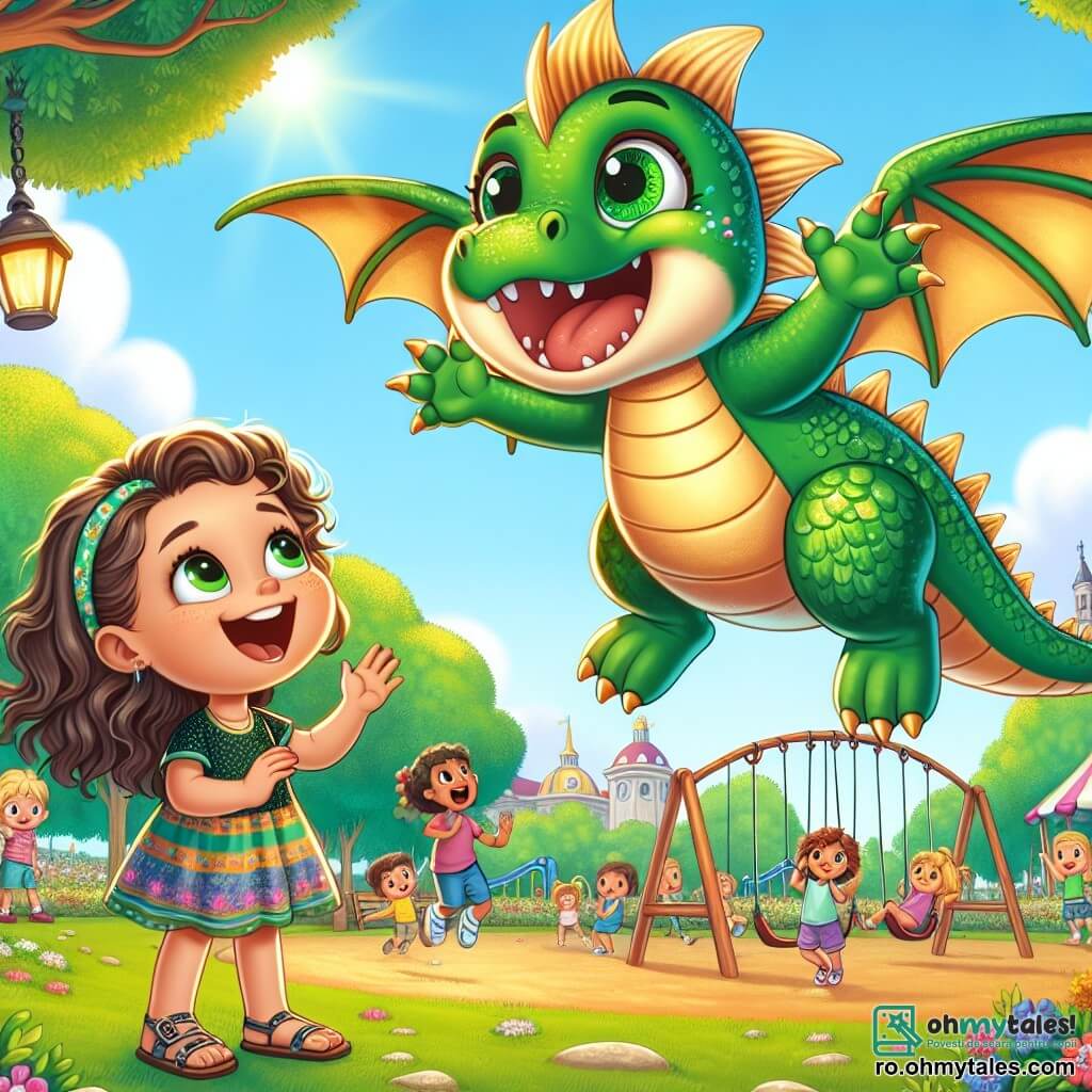 Un dragon numit Flăcăra, mic și drăgălaș, cu solzi verzi strălucitori și ochi în formă de smarald, își exprimă o mare bucurie zburând deasupra unui parc animat. Zâmbește larg, aripile sale desfăcute captând lumina soarelui. Lângă el, Mia, o fetiță de 8 ani cu părul brunet și creț, își ridică brațele cu uimire, înconjurată de copii care râd și se joacă pe jos. Poartă o rochie colorată și sandale, fiind chiar sub dragon, privindu-l cu admirație. Parcul este plin de flori colorate, copaci măreți și leagăne, creând o atmosferă veselă și primitoare. Scena arată cum Flăcăra se pregătește să coboare pentru a se așeza lângă Mia, gata să împărtășească prietenia și magia sa cu toți copiii prezenți.