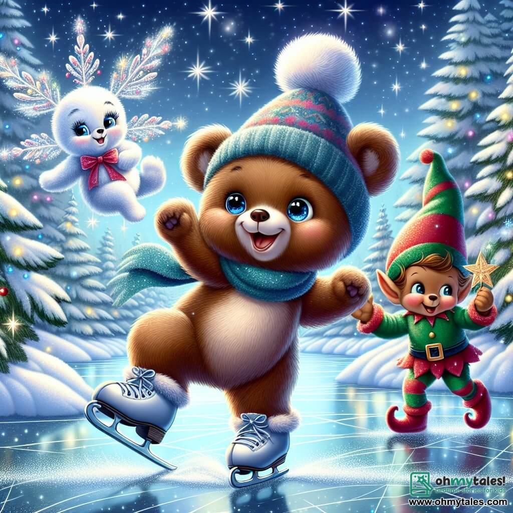 A small teddy bear named Benny, with soft brown fur, is at the center of the image, smiling with sparkling eyes of joy while skating on a frozen lake. Next to him, a little snowflake named Flurry, with delicate shimmering wings, twirls in the air, laughing with happiness. A small elf named Tinsel, wearing a pointed hat and colorful clothes, is decorating a nearby Christmas tree, his face glowing with excitement. The enchanting landscape features a snowy woodland with trees covered in sparkling snow and stars shining in a starry night sky. The scene exudes a festive and magical atmosphere, full of laughter and camaraderie, as Benny, Flurry, and Tinsel share a joyful moment, skating and dancing together, celebrating the spirit of Christmas under a starry sky.