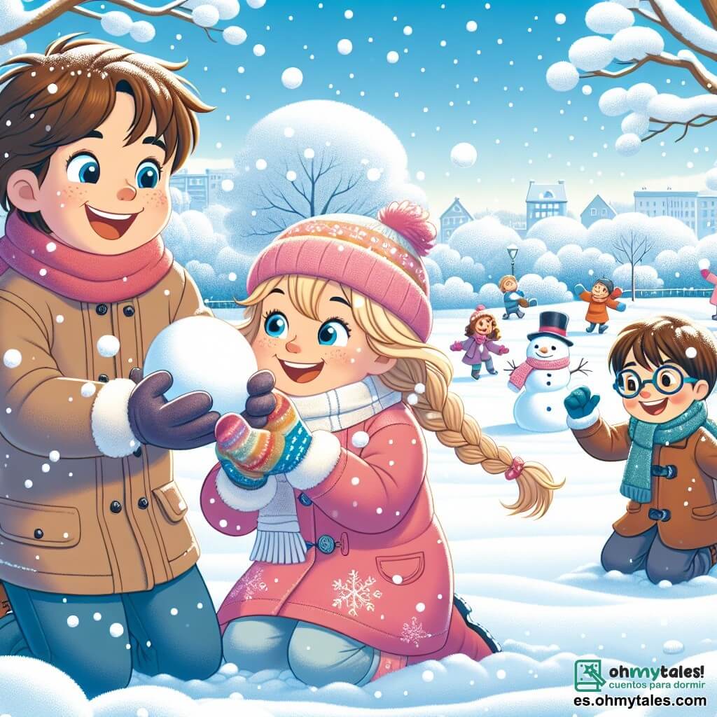 En un parque nevado, tres niños juegan alegremente. Lucas, un chico de 11 años con cabello castaño desordenado y ojos azules brillantes, está en el centro, riendo mientras lanza una bola de nieve. A su derecha, Ana, su hermana de 9 años, tiene el cabello rubio trenzado y lleva un abrigo rosa brillante, lista para atrapar una bola de nieve. A la izquierda, Mateo, un chico de 10 años con gafas y cabello castaño, está agachado, riendo, formando una bola de nieve con sus guantes coloridos. El parque está cubierto de un espeso manto de nieve brillante, con árboles cuyas ramas están cargadas de copos blancos, y el cielo es de un azul claro, salpicado de nubes esponjosas. En el fondo, niños construyen muñecos de nieve y otros se divierten deslizándose por una pequeña pendiente. La escena principal muestra a los niños en plena batalla de bolas de nieve, con rostros radiantes de alegría, mientras copos de nieve caen suavemente a su alrededor, creando una atmósfera mágica e invernal.