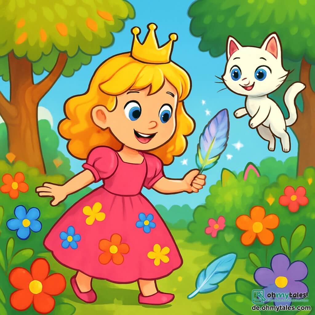 Die Prinzessin Leonie, ein Mädchen mit goldenen, lockigen Haaren, trägt ein strahlend rosa Kleid, das mit bunten Blumen verziert ist. Sie hat ein großes, fröhliches Lächeln und funkelnde Augen vor Aufregung, während sie in einem verzauberten Garten steht, umgeben von bunten Blumen und schimmernden Bäumen. An ihrer Seite schwebt Mimmi, eine kleine weiße Katze mit strahlend blauen Augen, anmutig in der Luft, ihre zarten Pfoten schweben wie Federn. Sie hat einen schelmischen Ausdruck und ist bereit, Leonie in ihrem Abenteuer zu ermutigen. Im Hintergrund ist der Garten mit großen, knorrigen Bäumen und blühenden Sträuchern gefüllt, während ein klarer, sonniger blauer Himmel die Szene erhellt. Die Hauptsituation zeigt Leonie, die eine wunderschöne, funkelnde Feder aufnimmt, die in tausend Farben glänzt, während Mimmi sie neugierig beobachtet, bereit, sie bei ihrer nächsten großen Herausforderung zu begleiten.
