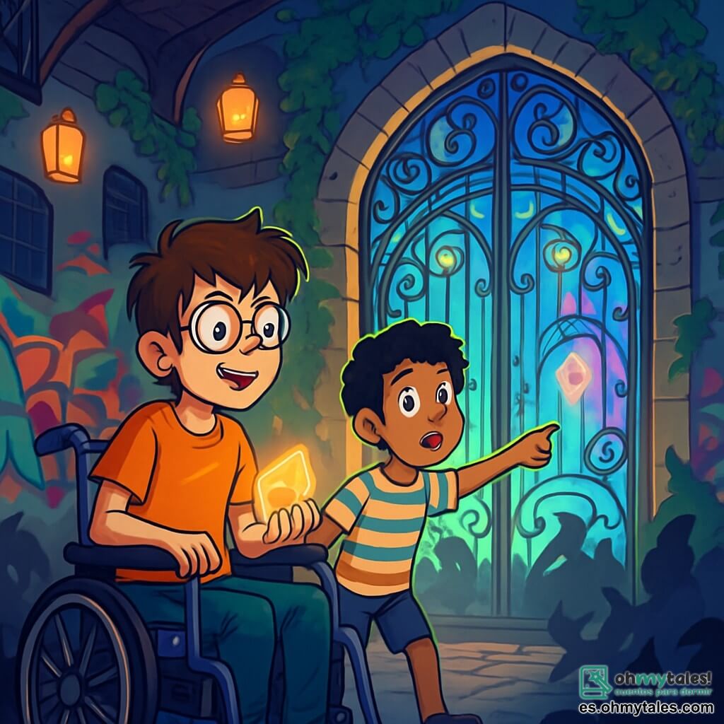 Hay 2 personajes principales: Elías, un chico de 12 años con cabello castaño desordenado y gafas redondas, sentado en una silla de ruedas decorada con calcomanías coloridas, sosteniendo una piedra luminosa; y Andrés, un chico de 12 años con cabello negro y rizado, vestido con una camiseta a rayas y un short, de pie junto a Elías, con los ojos abiertos de asombro, señalando un portal mágico que se abre ante ellos. La escena transcurre en una vieja estación de tren abandonada, con paredes cubiertas de hiedra y grafitis brillantes. Linternas flotantes iluminan el espacio, mientras un gran portal de hierro forjado, decorado con símbolos brillantes, emite una luz suave y colorida. Sombras misteriosas bailan a su alrededor, creando una atmósfera mágica e intrigante. La historia muestra a Elías y Andrés, fascinados y valientes, frente al portal central que conduce a un mundo fantástico, listos para enfrentar criaturas mágicas y proteger el equilibrio entre su ciudad y este universo oculto.