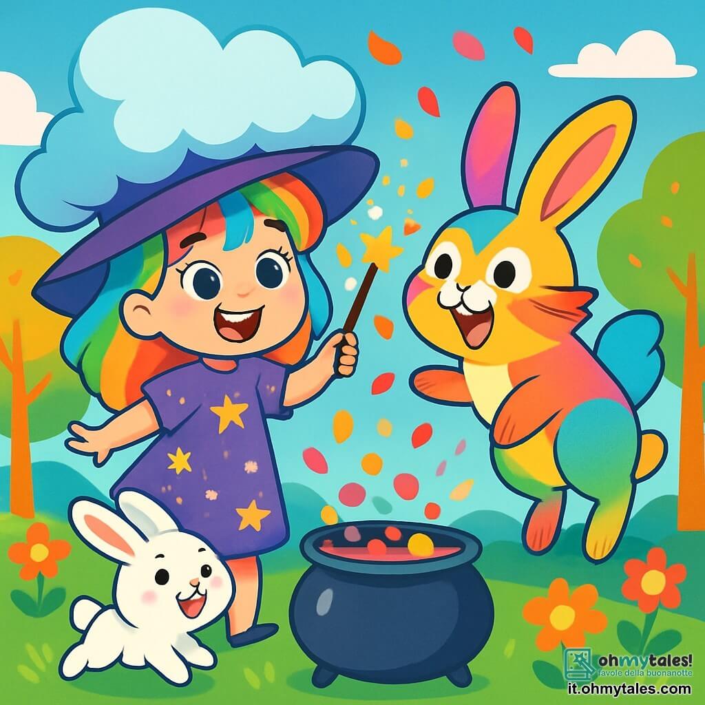 Una giovane strega di nome Lulù, con i capelli color arcobaleno e un grande cappello a forma di nuvola, sorride gioiosamente mentre agita la sua bacchetta magica. Indossa un vestito viola decorato con stelle scintillanti e i suoi occhi brillano di eccitazione. Accanto a lei, un piccolo coniglio bianco di nome Pompom, con occhi scintillanti e un sorriso birichino, salta felicemente intorno a lei, diventando un coniglio gigante dai colori vivaci. Sullo sfondo, si estende una foresta incantata, piena di alberi con tronchi dorati e fiori danzanti che brillano sotto un cielo azzurro chiaro punteggiato di nuvole soffici. La scena mostra Lulù e Pompom mentre preparano un'incantesimo magico, con bolle colorate che si alzano dal calderone, mentre una pioggia di petali di fiori colorati cade intorno a loro, creando un'atmosfera gioiosa e incantevole.
