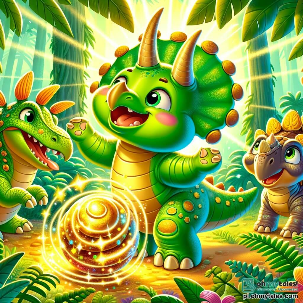 Wesoły triceratops o imieniu Tiko, z błyszczącą zieloną skórą i trzema ostrymi rogami, tańczy z szerokim uśmiechem na twarzy. Jego oczy błyszczą z ekscytacji, gdy dotyka pięknego, złotego korka, który mieni się wokół niego. Obok niego przyjazny stegozaur o imieniu Stegu, z kolorowymi płytkami na grzbiecie, śmieje się, obracając się wokół, podczas gdy mały ankylozaur o imieniu Lula, z brązowym pancerzem i błyszczącymi oczami, patrzy na nich z zachwytem, gotowa do dołączenia. Scena rozgrywa się w gęstej, bujnej dżungli, pełnej dużych zielonych paproci, jaskrawych kwiatów i promieni słońca przebijających się przez liście. Troje przyjaciół radośnie tańczy wokół magicznego korka, tworząc atmosferę szczęścia i przyjaźni w tym prehistorycznym świecie.