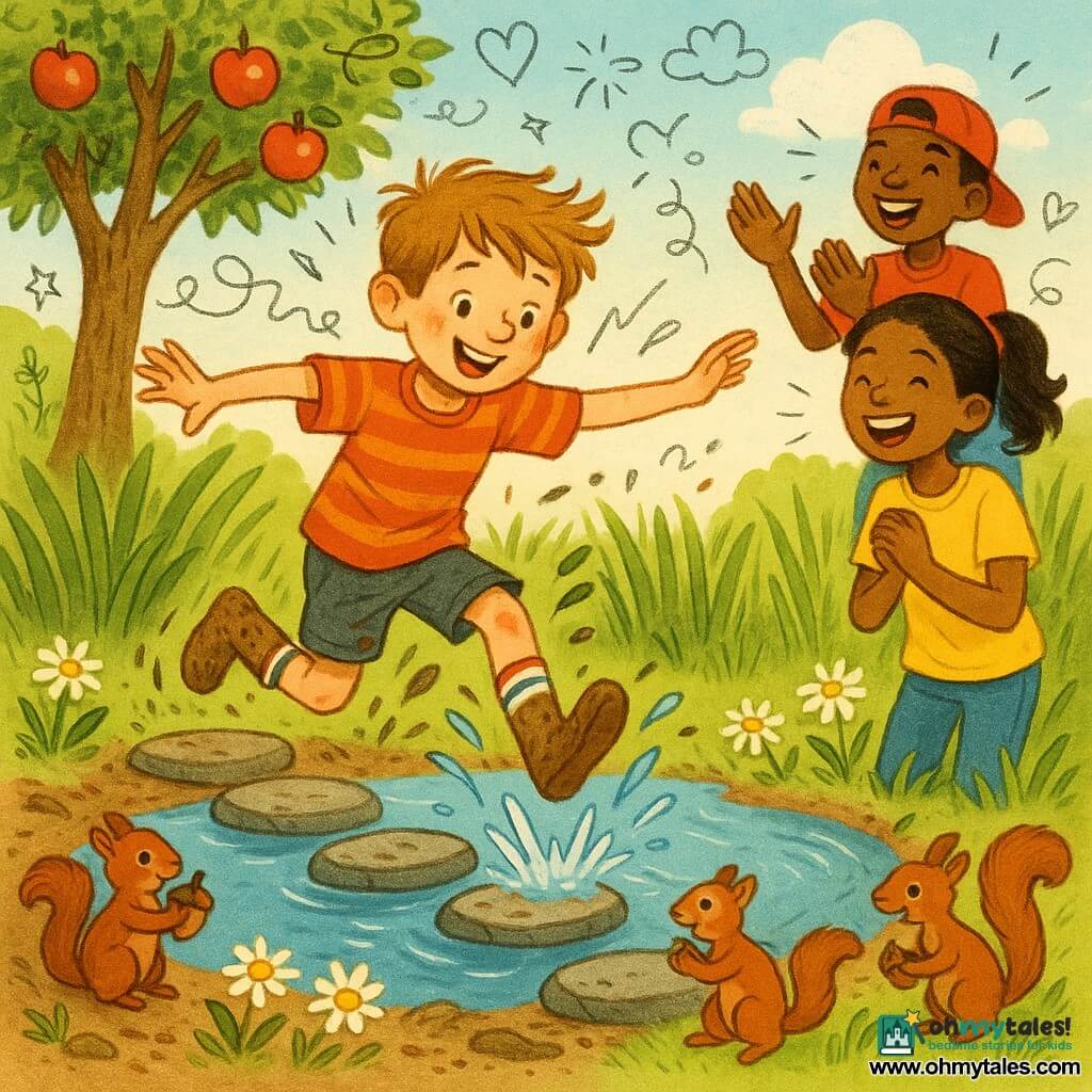 An energetic, determined 8-year-old boy with tousled light brown hair and flushed cheeks, wearing striped socks and muddy shorts, hops on one foot with arms out for balance, smiling and focused; his about-12-year-old sister, hair in a ponytail and wearing a yellow T-shirt, stands on the right bank laughing with hands clasped watching him, while a roughly 10-year-old neighbor boy in a backward red cap and jeans jumps and applauds slightly behind her. Small lively reddish-brown squirrels hold hazelnuts near flat stones at the water’s edge. The scene is a shimmering round pond surrounded by tall green grasses, gray stepping stones in a zigzag path, a carpet of white daisies, an apple tree to the left and a light cloud in a blue sky. Main action: a joyful, comic challenge as the boy successfully hops around the pond on one foot, avoiding shiny mud, falling leaves and a splashing puddle while friends and animals cheer; dynamic composition, vivid colors, strong contrasts and visible textures (mud, sparkling water, animal fur).
