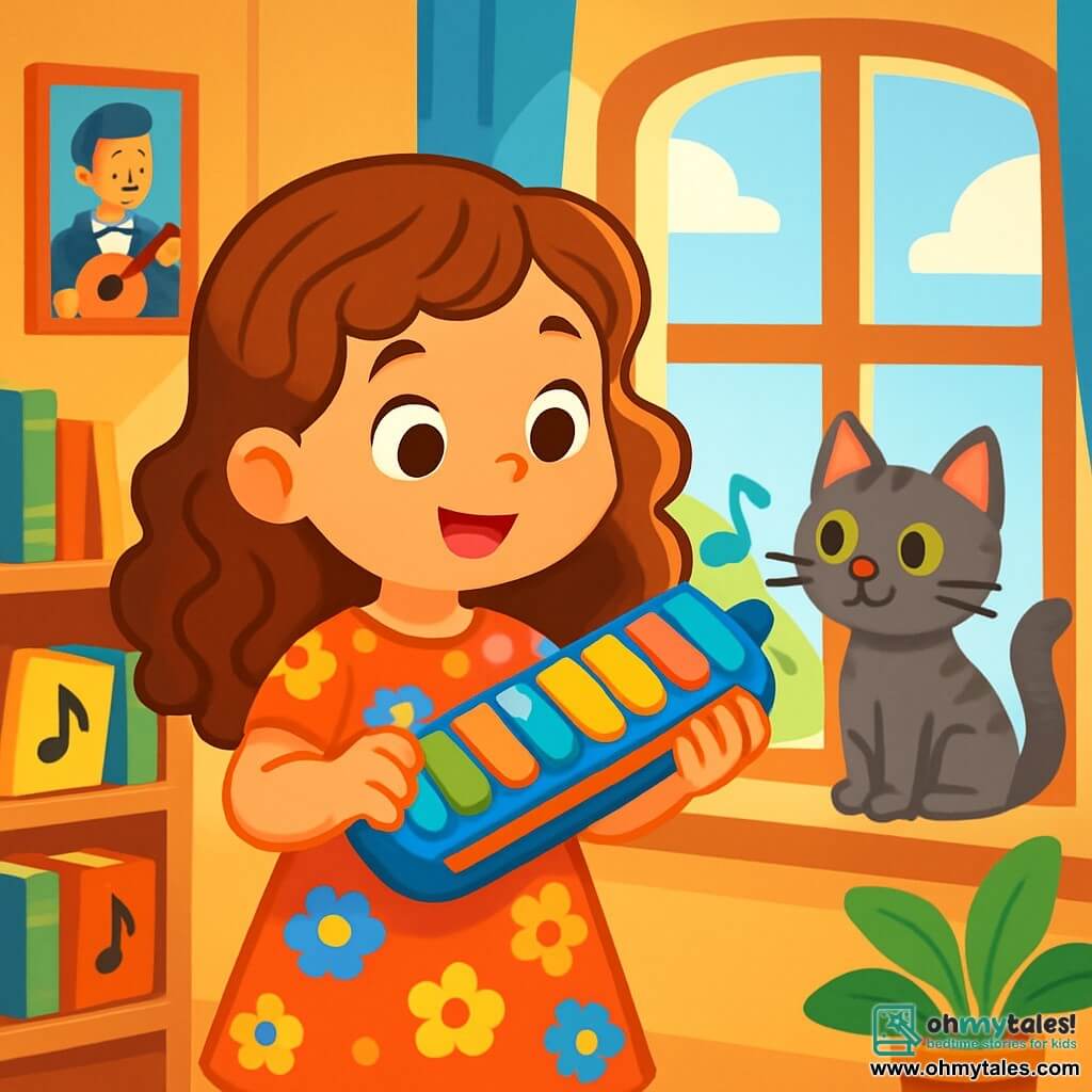 A young girl, Melody, stands by a large window, her eyes shining with curiosity and excitement. She has long, curly, golden-brown hair and wears a pretty dress with colorful flowers. In her hands, she holds a mysterious instrument, vibrant in color with sparkling buttons, which she examines with a delighted smile. Next to her, her cat, Whiskers, a small gray feline with sparkling green eyes, sits on the windowsill, ears perked up, intrigued by the amusing sounds the instrument makes. The scene takes place in a sunny room filled with music books, posters of famous musicians, and green plants that add a touch of freshness. Sunlight illuminates the room, creating a joyful and warm atmosphere. Melody, full of enthusiasm, tries to play a melody on her new instrument, her fingers dancing over the colorful buttons, while Whiskers seems to dance to the rhythm of the funny sounds.