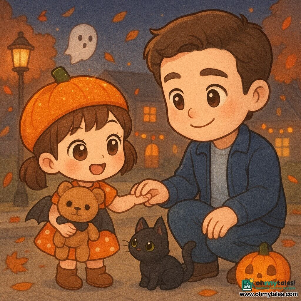 A cozy, non-scary Halloween night in chibi-kawaii style: a joyful, slightly shy 4-year-old girl with big bright eyes, pink cheeks and brown pigtails wearing a glittering pumpkin hat, an orange polka-dot dress and boots, holding a teddy named Mr. Button (cute stitched face, black bat cape) and reaching to pet a tiny black kitten with fluffy fur and large green eyes rubbing her shoe; her smiling, reassuring father of about 30 in a blue jacket and jeans crouches beside her holding her hand protectively; they stand on a neighborhood sidewalk with lit jack-o'-lanterns, orange garlands, white ghost balloons, falling red and yellow leaves and warm lamplight, warm colors, soft contrasts, clear lines and plush textures.
