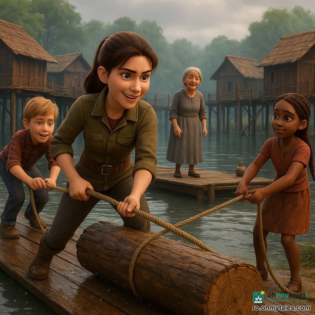 Lia, exploratoare de aproximativ 28 de ani, cu fața hotărâtă și zâmbitoare, păr șaten prins în coadă, jachetă kaki și cizme pline de noroi, trage un trunchi de copac de pe o plută mare din lemn; Ilinca, femeie în vârstă de circa 70 de ani, păr gri împletit, rochie simplă și mâini încrețite, stă pe un ponton în fundal privind cu mândrie; un băiat de aproximativ 12 ani, păr blond, cămașă în carouri, împinge pluta din apă lângă Lia, în stânga; o fată de circa 14 ani, păr împletit, fustă practică, ține o frânghie și stabilizează pluta de pe mal, în dreapta; sat pe piloni cu case din lemn brun înalte deasupra unui lac liniștit, pasarele înguste și frânghii, câteva urne din lut pe chei; apă care reflectă cerul gri-albăstrui și pădurea deasă din jur; lumină blândă de dimineață, stropi și picături fine, atmosferă de efort colectiv și speranță; compoziție centrată pe Lia pe plută, mișcare spre dreapta, expresii clare, culori calde pentru personaje și texturi detaliate ale lemnului ud și lutului.