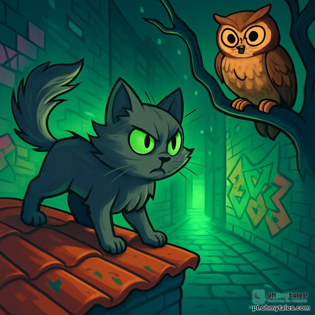 Um gato cinza com olhos verde-elétrico, Léo, está em um telhado de telhas brilhantes, com o vento agitando seu pelo sedoso. Ele tem uma expressão curiosa e determinada, pronto para explorar o desconhecido. Dona Amélia, a coruja sábia, empoleirada em um galho de árvore torto, observa a cena com olhos redondos e dourados, parecendo pronta para dar conselhos a Léo. O local é um beco misterioso, iluminado por um brilho verde cintilante, com paredes cobertas de grafites coloridos e pedras molhadas que refletem a luz. Sombras dançam ao redor, criando uma atmosfera mágica e intrigante. A situação principal mostra Léo hesitando em descer do telhado para explorar o beco, atraído pelo sussurro misterioso, enquanto Dona Amélia o encoraja de seu poleiro, criando um momento de tensão e excitação.