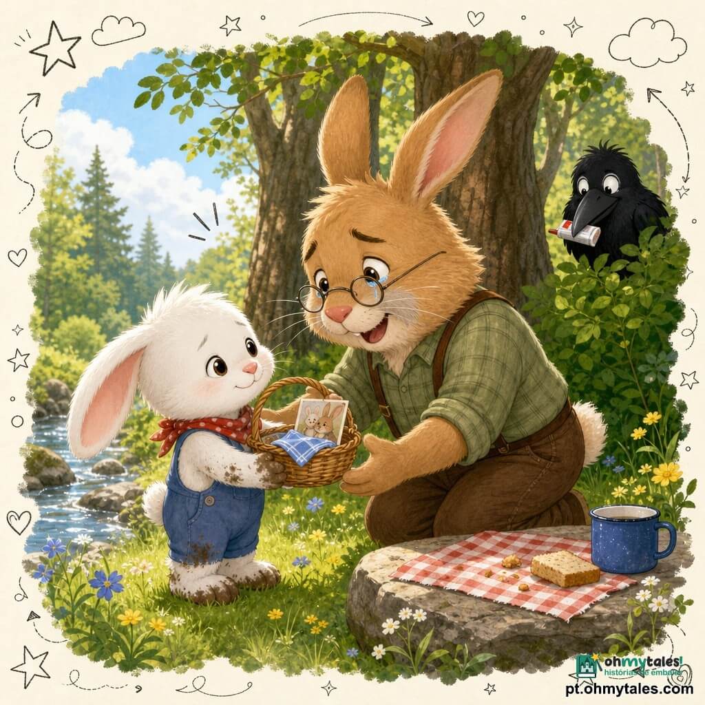 Um pequeno coelho branco antropomórfico, Nico, com orelhas caídas, olhos redondos e peludos, sorriso tímido e patas com manchas de lama, oferece uma pequena cesta de vime contendo um lenço azul dobrado e uma foto colada; um pai coelho maior, pelagem castanho-clara, bigodes grisalhos e óculos redondos no nariz, com expressão emocionada e olhos úmidos, agacha-se para abraçar o filho; a corvo Zizi aparece atrás de um arbusto, pequena silhueta negra de penas brilhantes, olhar malicioso e um pedaço de cola no bico, observando divertido; clareira ensolarada na floresta com relva verde salpicada de flores, um ribeiro à esquerda, uma pedra plana usada como mesa e troncos texturados formando um canto acolhedor; cena principal: entrega simples e terna de um presente feito à mão — surpresa e abraço — com dobras de tecido, migalhas na toalha xadrez vermelha e branca e pequenos rabiscos de corações e estrelas para reforçar a ternura.
