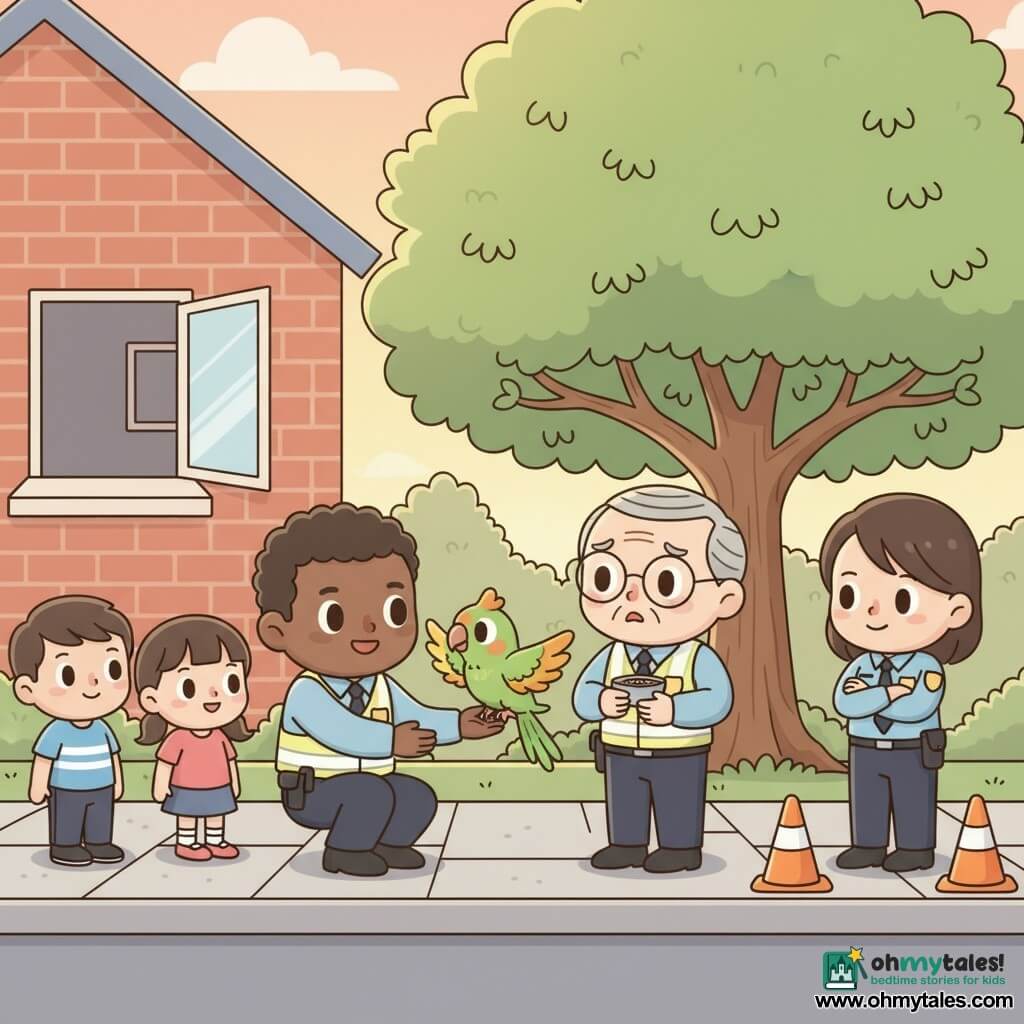 A smiling male police officer in his thirties, with gentle eyes, kneels in a simple light-blue uniform and reflective vest, reaching out slowly toward Mango, a vivid green parrot with yellow feathers and a small orange spot on its head perched on a low branch with wings half-open; an elderly man of about 70 with gray hair and round glasses stands just behind a tree holding a small dish of seeds, relieved and moved; a female officer of about 30 stands to the right with arms crossed placing two orange cones on the sidewalk; a boy of about 8 and a girl of about 7 watch from the sidewalk to the left, smiling with wide eyes; location: a quiet residential street at sunrise with a paved sidewalk, a red-brick house with an open window, a large green maple behind the sidewalk and a soft peach sky; situation: a calm, gentle rescue where the officer uses patience and slow gestures to help the owner recover the parrot, warm reassuring atmosphere, pastel colors, rounded contours and golden morning light.