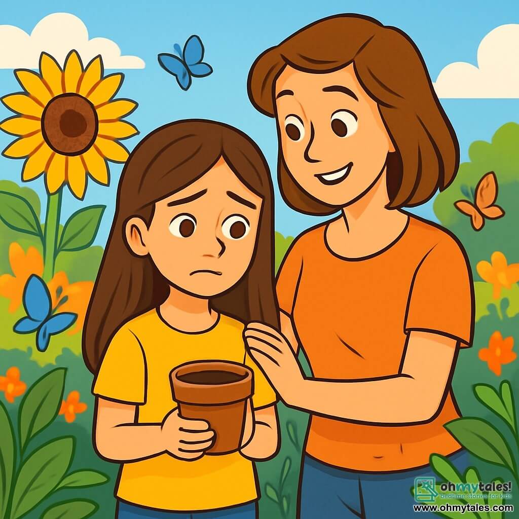 A 10-year-old girl with long brown hair and sparkling eyes stands in the middle of a sunny garden, surrounded by tall yellow sunflowers. Her face expresses a gentle melancholy with a slight smile as she holds a small pot of soil in her hands, ready to plant a new seed. Beside her, her mother, a woman in her thirties with brown hair and a comforting smile, encourages her with a hand on her shoulder, looking tenderly at her daughter. In the background, the garden is filled with vibrant colors, with butterflies floating around the flowers and a clear blue sky dotted with fluffy white clouds. The main scene shows the girl, full of hope, planting a sunflower in memory of her grandfather, symbolizing love and the continuity of life.