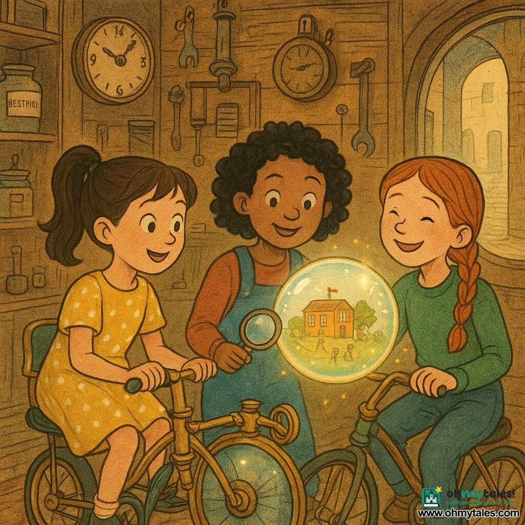 Three girls, each about eight: a brown-haired girl in a yellow polka-dot dress with a ponytail sits on the Repair Cycle's glass-and-brass seat holding the handlebars and looking forward in wonder (left); a redheaded girl with braided hair and a green sweater pedals gently to the right of the seat, smiling at a glowing "laugh bubble" floating before them (right); and a curly-haired black girl in a blue overall with a jam stain holds a small metal magnifying glass pointed at the floating laugh bubble placed between them (center, slightly forward). They are in a warm workshop of patinated wood walls, shelves of labeled jars ("Yesterday," "Minutes") and coils of light, a large purring round clock, brass tools, a round window showing a sunny alley, and a worn clock-patterned rug on wooden boards. The three girls, smiling and focused, use the glass-and-brass Repair Cycle to return a small translucent, iridescent laugh bubble that emits tiny yellow sparks and contains a miniature schoolyard scene to a hook labeled "Recess 2:07"; the atmosphere is soft and luminous with warm ochre, copper and fir-green tones and paper-newspaper textures.