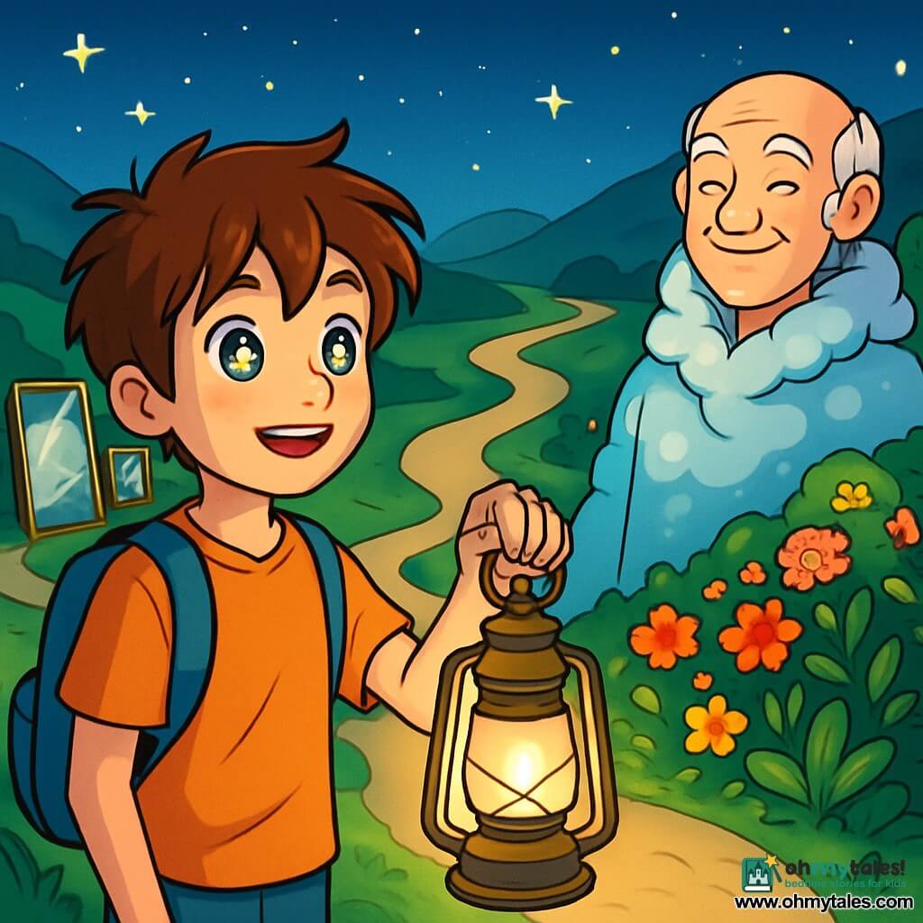 A 12-year-old boy named Elio, with messy brown hair and bright star-like eyes, stands at the edge of a mysterious path. His face shows wonder and curiosity as he holds an old golden lantern illuminating his way. Next to him, a wise character around 70 years old, dressed in a robe made of clouds, smiles gently. He stands near a lush garden, surrounded by vibrant flowers and shimmering plants, as if he is the guardian of nature's secrets. The setting is an enchanted valley with a deep blue sky dotted with twinkling stars. Verdant hills stretch as far as the eye can see, and a winding path is lined with mirrors reflecting memories and dreams. The main situation shows Elio hesitating between three paths, each representing a different adventure. He gazes in fascination at the sparkling mirrors, the magical garden, and the calm river, while the lantern casts a soft golden light, illuminating his face full of wonder.