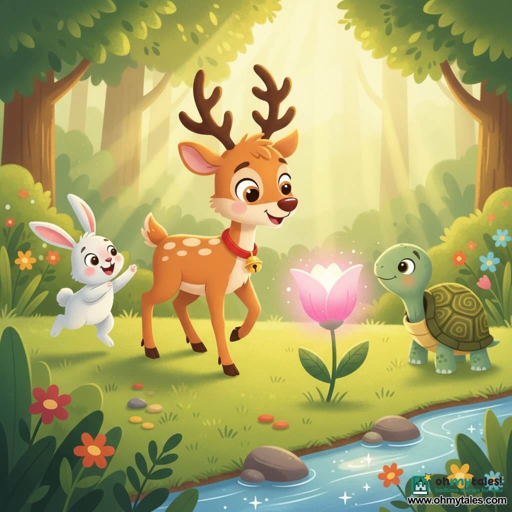 A small smiling, curious reindeer with light brown fur mottled with cream, big shiny round eyes and a small golden bell on a red collar trots toward a glowing flower with a slight look of wonder; a peaceful green turtle with an olive shell and yellow markings stands by the stream to the right, tilting its head to watch; an excited white rabbit with long pink ears hops to the left waving its front paws; they are in a sunny forest clearing with tender grass, sunbeams through leaves and a sparkling stream, and the three friends are gathered around a large magical flower emitting a soft pink glow and gentle vibrations, listening in awe.