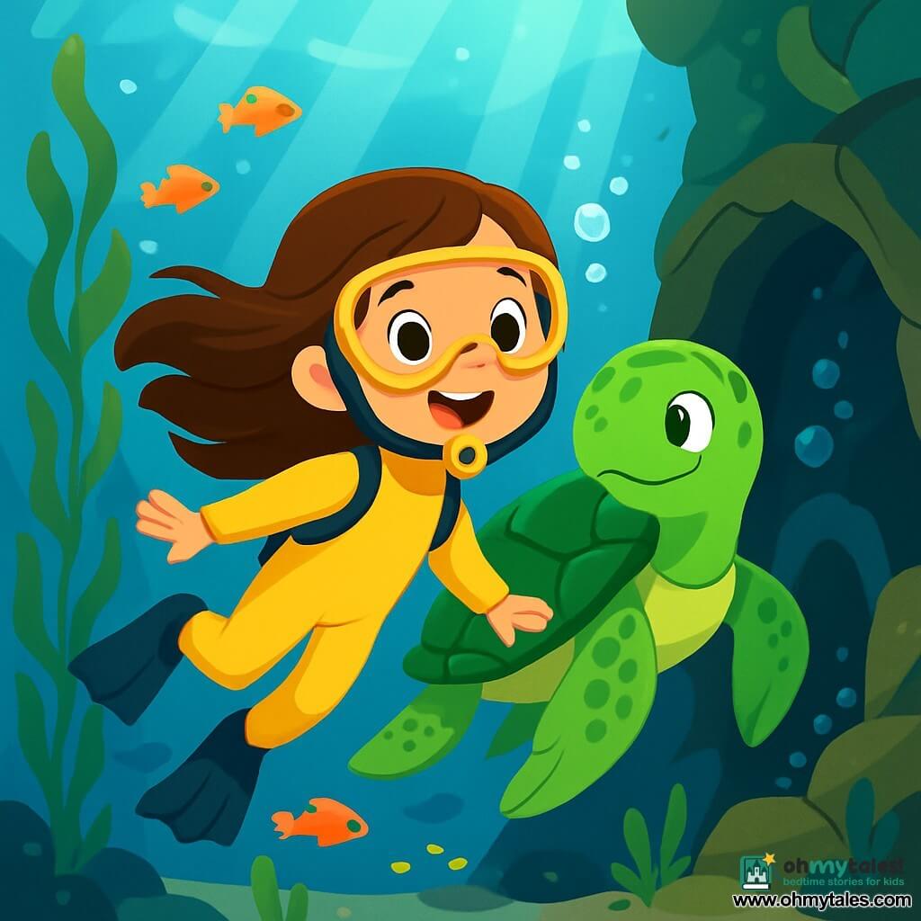 A 6-year-old girl named Lila, with long brown hair floating in the water, wears a bright yellow wetsuit. She has a big, amazed smile on her face, her eyes sparkling with curiosity as she explores the marine depths. Beside her is a large, wise sea turtle named Tiko, with a green shell and gentle eyes, swimming slowly and showing Lila the way. The scene takes place in an underwater kelp forest, where long green seaweed sways with the currents. Rays of light filter through the water, illuminating the colorful fish swimming around them. Lila and Tiko are discovering a mysterious cave, where bubbles escape from a crack in the rocks, creating a magical and intriguing atmosphere.
