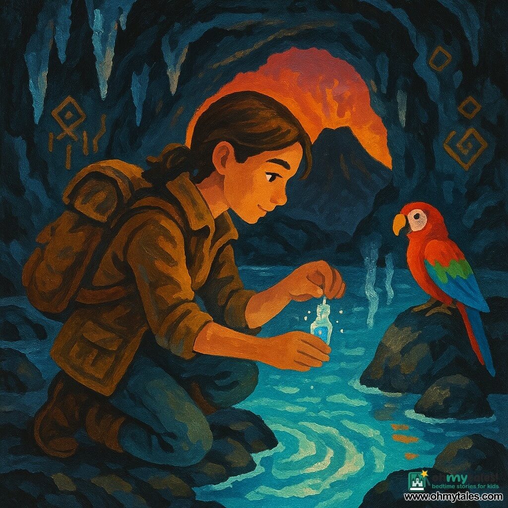 Young female explorer, about 25, sun‑kissed skin, braided brown hair, worn leather jacket and backpack, kneeling at the edge of a glowing lake in a vast volcanic cavern as she fills a small sparkling glass vial; a colorful parrot (red, blue, green) perched on a nearby rock to the right watches her; black rough cave walls with crystalline stalactites and stalagmites, silver‑blue reflections on the water, faint luminous steam, faintly glowing golden geometric symbols on the walls; soft magical lake light, strong contrast between dark rock and luminous water, sharp textures; close framing centered on the woman and vial, parrot in right profile, depth showing the cavern's scale and a dark volcanic entrance in the background.