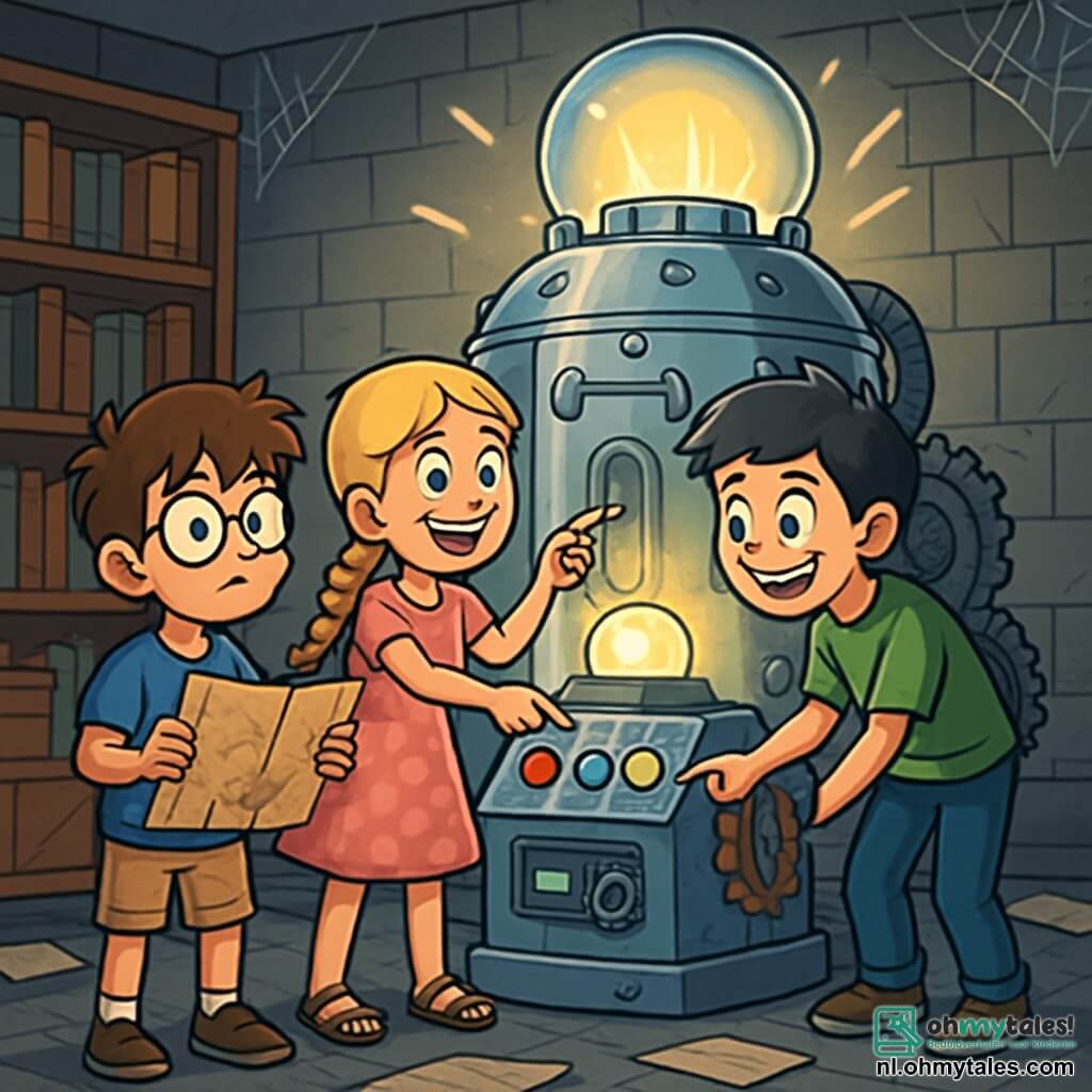 Er zijn 3 personages: - Sam: een 10-jarig jongen met rommelig bruin haar en ronde bril. Hij draagt een blauwe t-shirt en een beige short, en houdt een oude kaart in zijn handen, terwijl hij nieuwsgierig om zich heen kijkt. - Emma: een 9-jarig meisje met lange, gevlochten blonde haren en sprankelende ogen. Ze draagt een roze jurk met stippen en sandalen, en glimlacht terwijl ze naar een groot mysterieus apparaat wijst. - Bram: een 10-jarig jongen met zwart haar en een ondeugende glimlach. Hij is gekleed in een groene t-shirt en een spijkerbroek, en leunt naar voren, geïntrigeerd door de kleurrijke knoppen van de machine. De situatie speelt zich af in een oud, stoffig laboratorium met grijze stenen muren en planken vol oude boeken. In het midden staat een vreemd apparaat van glanzend metaal, met knipperende lichten en zichtbare tandwielen, dat een zacht zoemgeluid maakt. Spinrag hangt in de hoeken en verspreide papieren bedekken de vloer. De hoofdscène toont de drie vrienden, verwonderd en een beetje bezorgd, die zich rond de machine verzamelen, klaar om hen door de tijd te vervoeren. Sam kijkt naar de kaart, Emma wijst naar het apparaat, en Bram drukt op een knop, terwijl een schitterend licht uit de machine begint te stralen, hun gezichten vol opwinding en avontuur verlichtend.
