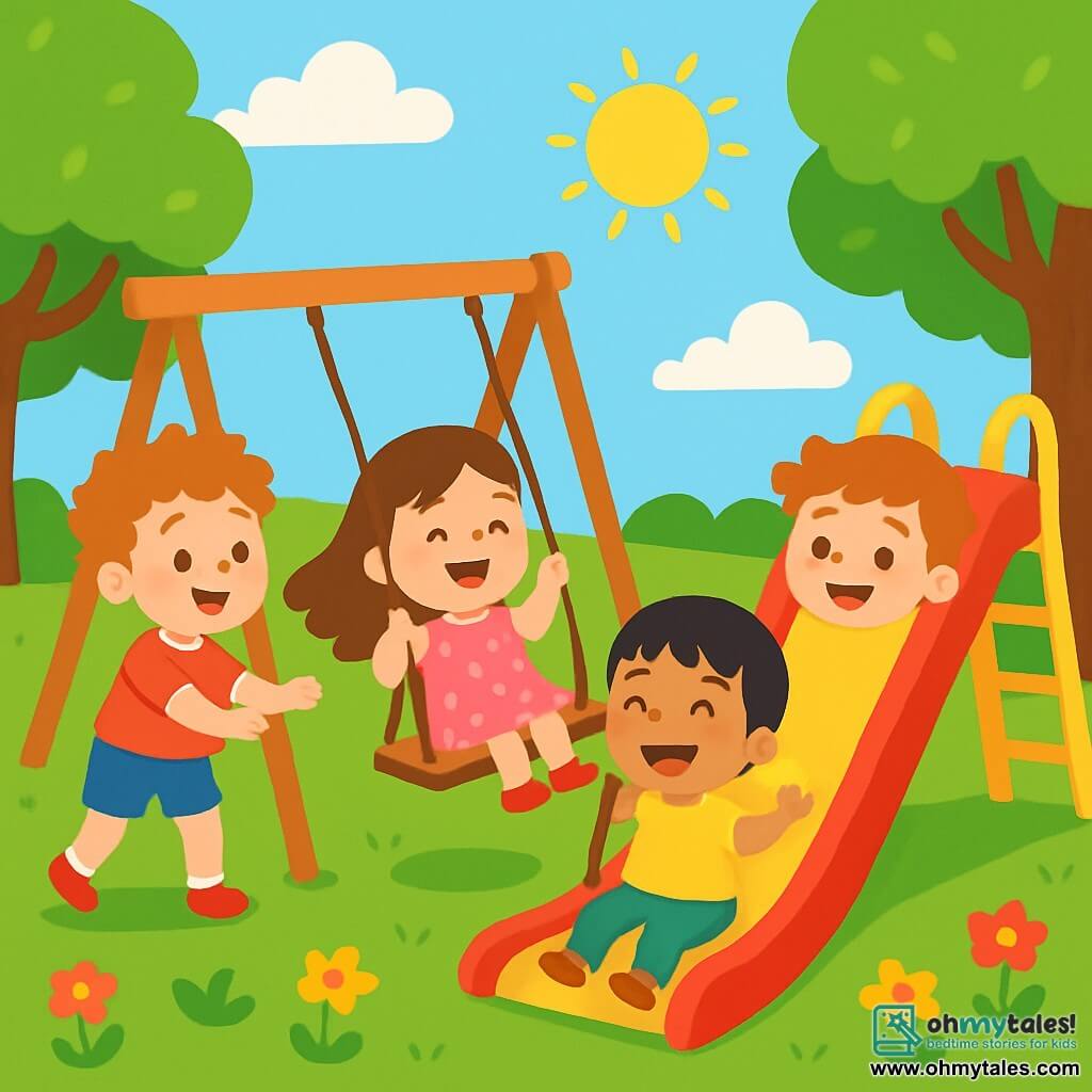 There are 4 children: Sam, a 6-year-old boy with curly hair and fair skin, wearing a red t-shirt and blue shorts, is pushing Mia on the swing. Leo, a 5-year-old boy with straight hair and tanned skin, dressed in a yellow t-shirt and green pants, is sitting on a swing, laughing with Sam. Max, a 6-year-old boy with wavy hair and fair skin, wearing a light blue t-shirt and orange shorts, is sliding down the slide with a big smile. Mia, a 5-year-old girl with long brown hair and fair skin, dressed in a pink floral dress, is playing with Sam and Leo on the swings. The setting is a large green park filled with majestic trees with bright green leaves, colorful flowers with shiny petals, and a clear blue sky dotted with fluffy white clouds. In the background, there is a bright red slide and wooden swings. The main scene shows the four friends joyfully playing together, laughing and having fun on the swings and slide, symbolizing friendship and diversity in a sunny and welcoming environment.