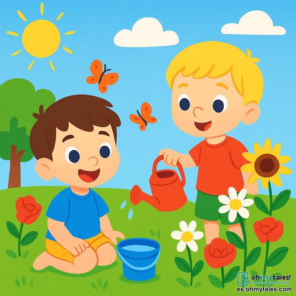 Hay 2 personajes principales: Lucas, un niño de 3 años con cabello castaño y ojos brillantes, que lleva una camiseta azul y un short amarillo, sentado en la hierba con un cubo de agua a su lado; y Mateo, un niño de 3 años con cabello rubio y ojos claros, que lleva una camiseta roja y un short verde, de pie junto a Lucas con un pequeño regador, listo para regar las flores. La escena tiene lugar en un jardín soleado lleno de flores coloridas: rosas rojas, girasoles amarillos y margaritas blancas, bajo un cielo azul con algunas nubes blancas y mariposas volando alrededor. Lucas y Mateo se divierten regando las flores, riendo alegremente en un ambiente veraniego y amistoso.