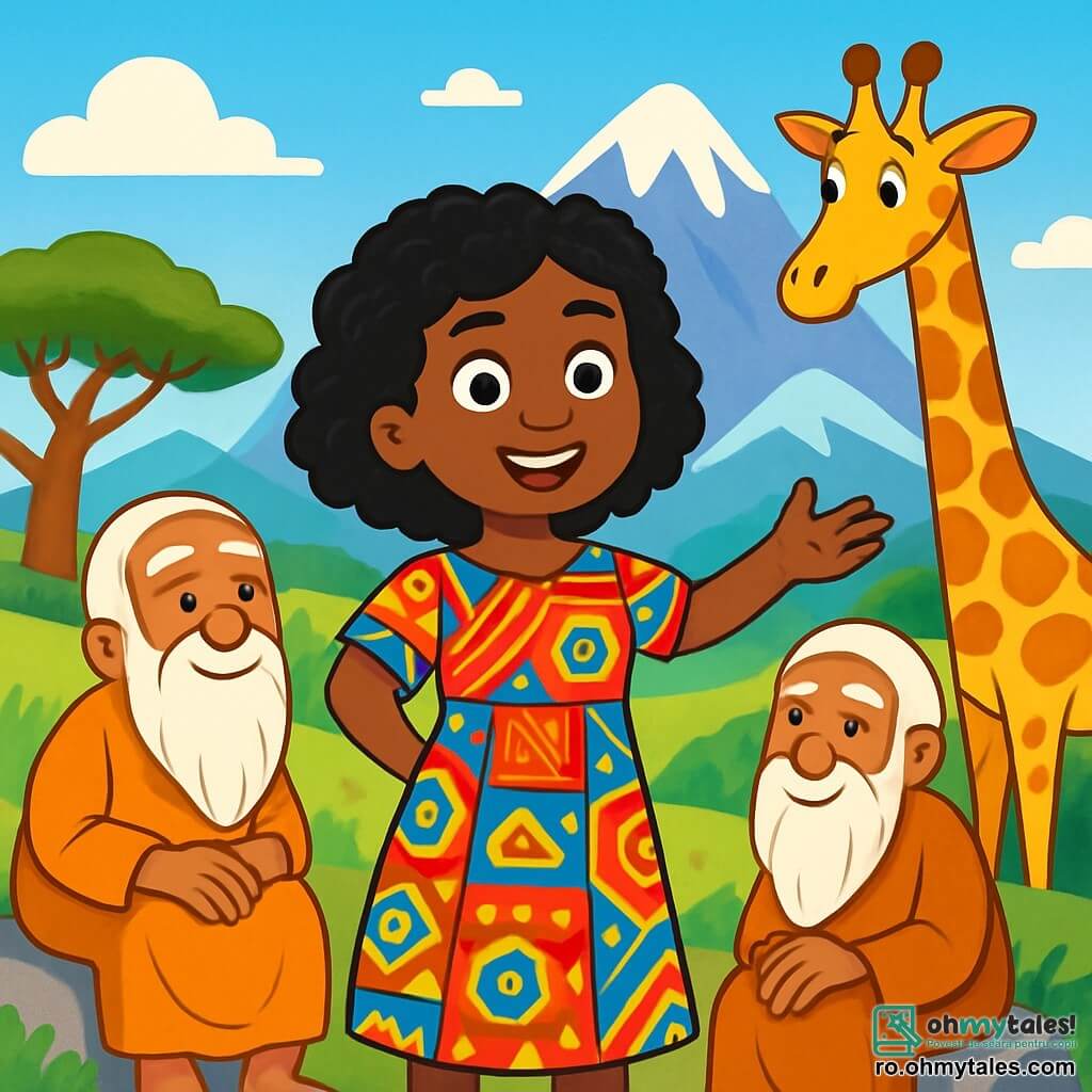 O femeie pe nume Amina, de aproximativ 30 de ani, cu părul negru și creț, îmbrăcată într-o rochie colorată cu motive africane vii, zâmbește cu o expresie de bucurie și determinare. Ea stă în centrul imaginii, cu brațele deschise, ca și cum ar dori să primească visele. În dreapta ei, o girafă prietenoasă, cu un gât lung și pete aurii, o privește pe Amina cu curiozitate, stând pe o colină verde. În stânga ei, un bătrân înțelept, cu o barbă lungă și albă și ochi strălucitori, stă pe o piatră, îmbrăcat într-o tunică tradițională, ascultând-o cu atenție pe Amina. Peisajul este un decor african fermecător, cu dealuri ondulate, copaci măreți și un cer albastru strălucitor presărat cu nori albi pufoși. Scena se desfășoară la poalele Muntelui Visurilor, care se înalță măreț în fundal, cu vârfuri strălucitoare sub soare. Amina împărtășește cu entuziasm lecțiile învățate despre puterea viselor, înconjurată de frumusețea naturii și de înțelepciunea ființelor care o înconjoară.