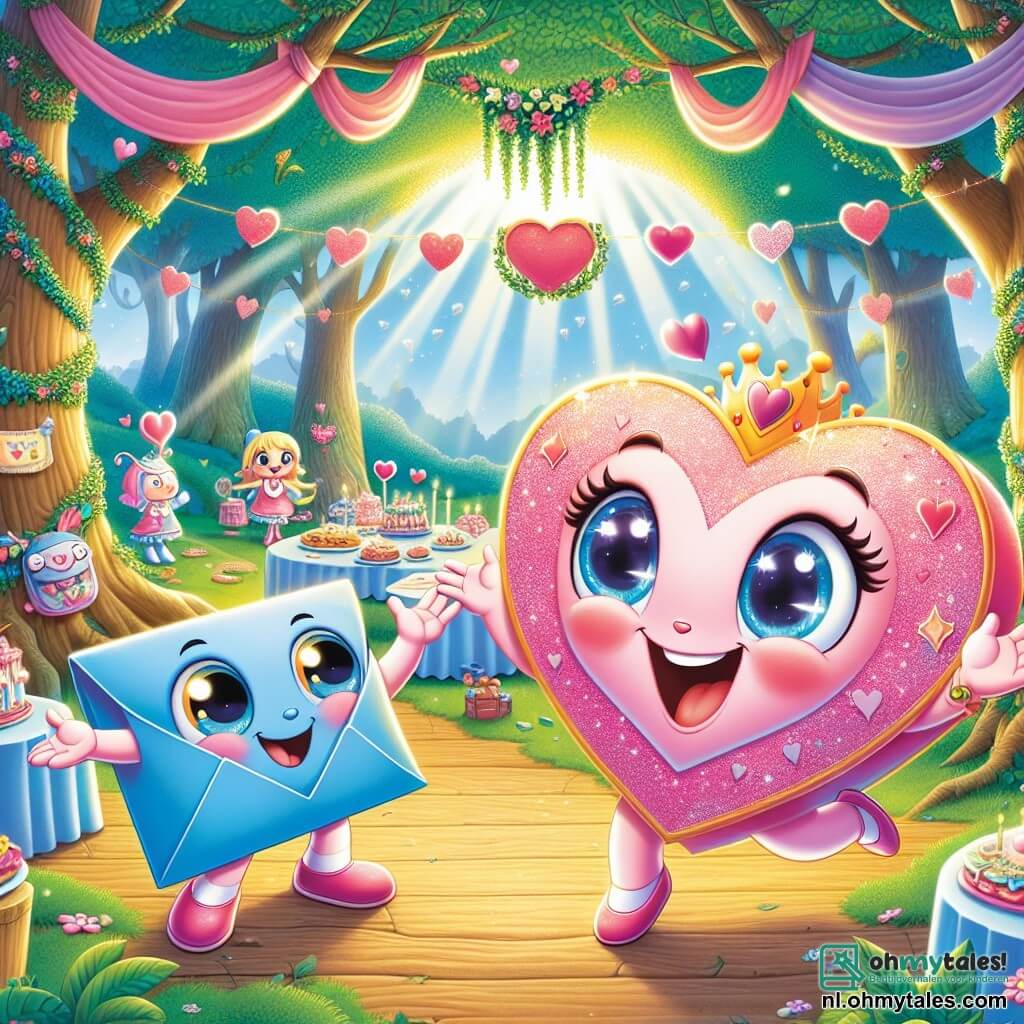 Kiki, een roze kaart versierd met glinsterende hartjes, staat in het midden van de afbeelding, blij springend met een grote glimlach op haar gezicht en sprankelende ogen van opwinding terwijl ze een prachtig Valentijnsfestival organiseert. Naast haar staat Benny, een blauwe envelop met ronde hoeken en een nieuwsgierige uitstraling, enthousiast klappend met stralende ogen van blijdschap, terwijl hij een kleurrijke uitnodiging in zijn hand houdt. De achtergrond is het Betoverde Bos, een betoverende plek vol majestueuze bomen met heldergroene bladeren, versierd met papieren hartjes en kleurrijke bloemen, terwijl zonnestralen door de takken filteren en een magische sfeer creëren. De scène toont Kiki en Benny die het festival voorbereiden, omringd door hun vrienden, met tafels vol heerlijke hartvormige lekkernijen en sprankelende versieringen, terwijl een zachte bries de bladeren en slingers om hen heen laat dansen.