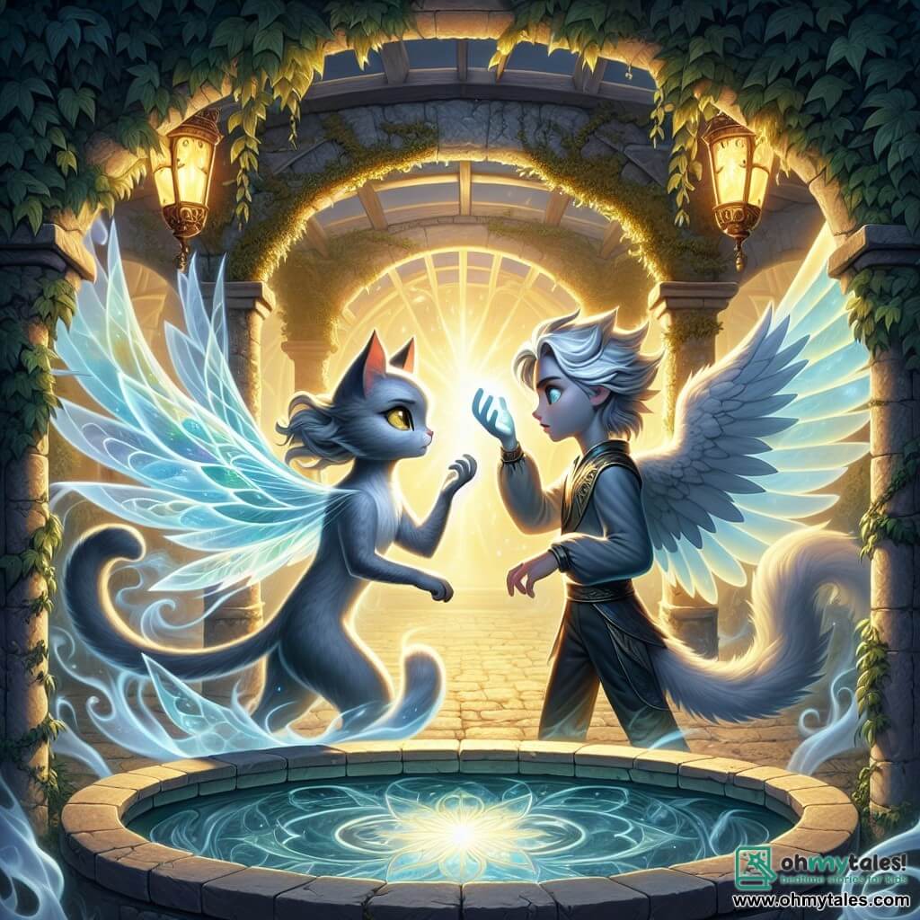 Lira, a beautiful gray cat with bright eyes, stands proudly at the center of an ancient courtyard, her determined and curious gaze fixed on a mysterious shimmering mirror. Beside her, Zephyr, an ethereal creature with luminescent wings, wears a focused expression, his hair floating like clouds of light as he raises his hands to chant magical words. The courtyard is surrounded by stone walls covered in ivy, with ancient lanterns casting a soft golden light, creating a mystical yet warm atmosphere. The main scene shows Lira and Zephyr united in a crucial moment as they conjure together to close a magical rift threatening to unleash chaos in their world.