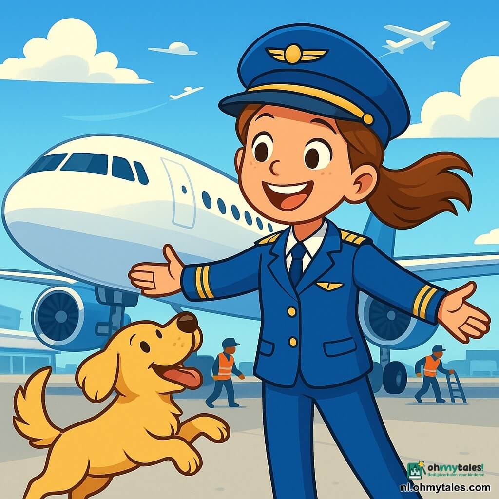 Zoë, een 10-jarig meisje, draagt een felblauw pilotenuniform met gouden schouderstukken en een grote glimlach op haar blije gezicht. Haar kastanjebruine haar is in een paardenstaart vastgebonden, die lichtjes in de wind waait. Ze staat voor een glanzend vliegtuig met haar armen open, klaar om de lucht in te gaan. Naast haar springt Max, haar kleine hond met gouden vacht en sprankelende ogen, vrolijk op en neer, zijn staart kwispelend van opwinding. Hij zit op de grond en kijkt met bewondering naar Zoë. De locatie is een drukke luchthaven met een stralende blauwe lucht en donzige witte wolken. Op de achtergrond bereiden andere vliegtuigen zich voor om op te stijgen, terwijl technici in uniform druk in de weer zijn rondom de toestellen. De hoofdscène toont Zoë, vol enthousiasme, klaar om aan boord van haar vliegtuig te gaan, terwijl Max haar aanmoedigt met blije blafgeluiden, wat een sfeer van avontuur en geluk creëert.