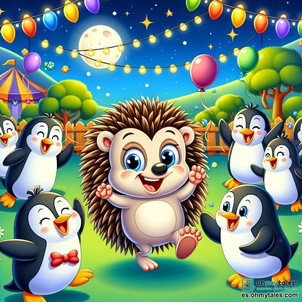 Un pequeño erizo llamado Enrique, con espinas marrones y una cara sonriente, baila alegremente en el centro del escenario, con sus patitas levantadas en el aire, expresando gran emoción y curiosidad. A su lado, un grupo de pingüinos divertidos, con sus plumas negras y blancas, saltan y bailan en círculo, sus ojos brillando de alegría, mientras una pingüina llamada Pinguina, con un bonito lazo rojo en la cabeza, aplaude con entusiasmo. Al fondo, la escena transcurre en un zoológico colorido, iluminado por la luna, con recintos de animales, árboles verdes y estrellas brillantes en un cielo nocturno. La situación principal muestra a Enrique y sus amigos en una fiesta, bailando y riendo juntos, rodeados de globos coloridos y guirnaldas luminosas, creando un ambiente festivo y alegre.