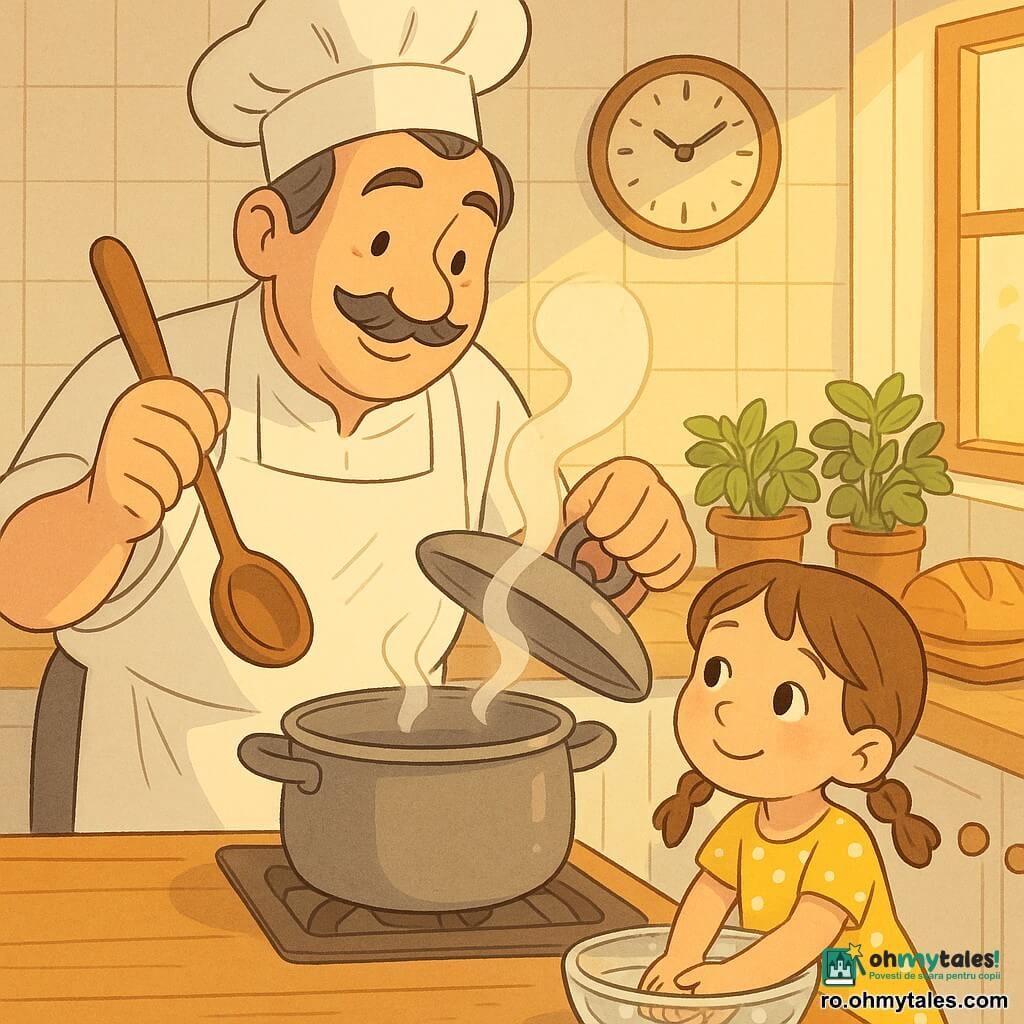 Un bărbat, chef Radu, zâmbitor și binevoitor, cu față rotundă și păr gri-închis pieptănat pe spate, poartă un mare șorț alb puțin șifonat și o căciulă scurtă; ține o lingură mare de lemn lucioasă și ridică un capac mic din care iese abur. O fetiță de 6 ani, cu părul brun în două codițe și rochie galbenă cu buline albe, îl privește cu admirație și își spală mâinile într-un bol pe masa de lemn. Un ceas de perete rotund din lemn, la înălțimea copilului, se vede în spatele chef-ului. Bucătăria este caldă și luminoasă: blat din lemn deschis, faianță albă, vase de lut cu busuioc și verdeață, o pâine pe tocător și lumină aurie prin fereastră. Situația principală: chef-ul ridică capacul aburind pentru a-i arăta mâncarea micuței, gest blând și pedagogic; atmosferă tandră, culori calde și texturi lemnoase.