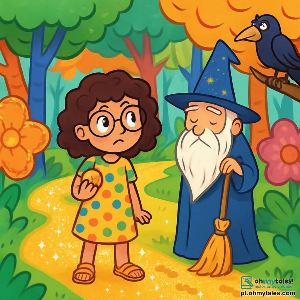 Filomena, uma menina de 12 anos com cabelos cacheados e óculos redondos, está no meio de um caminho brilhante de purpurina, com uma expressão curiosa e perplexa no rosto. Ela usa um vestido de bolinhas coloridas e sandálias, segurando um pedaço de pão de queijo em uma mão. Ao lado dela, o mágico Pacheco, um homem idoso com uma longa barba branca e um chapéu pontudo, está apoiado na sua vassoura, com os olhos meio fechados, como se estivesse prestes a adormecer. Ao fundo, o Bosque das Almofades está cheio de árvores com troncos multicoloridos e grandes flores em forma de almofadas, criando uma atmosfera mágica e lúdica. A cena principal mostra Filomena hesitando em avançar, cercada por brilhantes pegadas de purpurina que dançam ao seu redor, enquanto um corvo azul, empoleirado em um galho, observa com um olhar travesso.