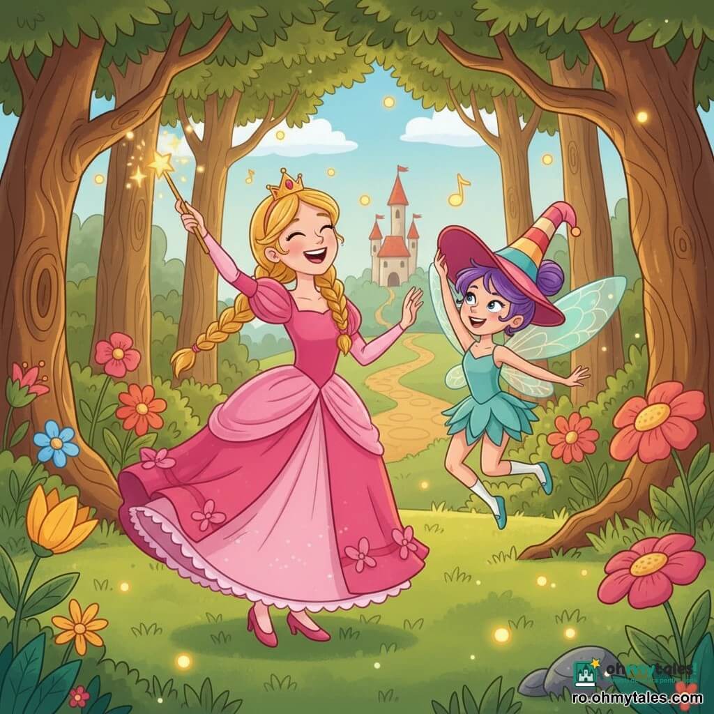 Prințesă zâmbitoare și veselă, păr blond împletit, rochie roz cu volane și mică coroană aurie, ridică în mâna dreaptă o baghetă magică strălucitoare și râde; zână mică cu aripi translucide bleu-verzui, față ștrengărească și păr violet prins într-un coc, sare în aer lângă prințesă agitând o pălărie mare colorată cu dungi; amândouă în centrul scenei, prințesa stând pe un covor de iarbă verde, zâna ușor în zbor la dreapta ei, fundal pădure fermecată cu copaci cu trunchiuri răsucite, flori supradimensionate multicolore, licurici galbeni plutitori și un drum pavate care duce spre un mic castel cu acoperișuri roșii în depărtare; scenă jucăușă și dinamică, personaje dansează și râd, note muzicale și scântei în jurul baghetei, culori vii, contraste puternice și linii moi potrivite pentru o carte pentru copii.